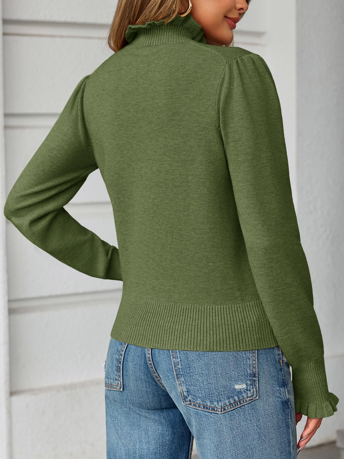 Saodimallsu Womens Ruffle Mock Neck Sweater Puff Long Sleeve Fall Soft Knit Casual Pullover Sweaters Top