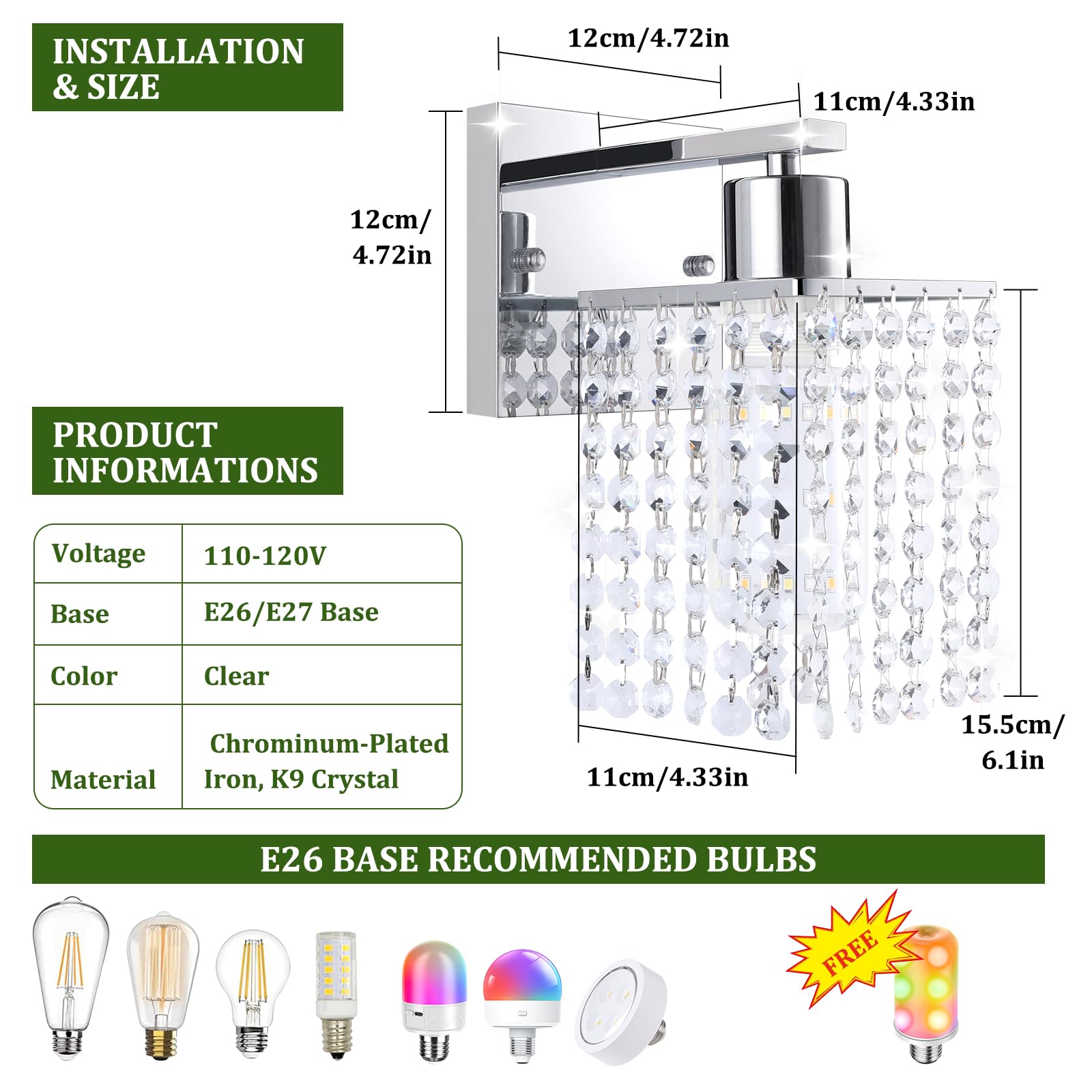 Shenmoyl Set of 2 Crystal Battery Operated Wall Sconce, Rechargeable Battery Powered Wall Lamp with Remote Control, Modern Dimmable Wall Lights for Bedroom Bathroom(Green, Gold Base)