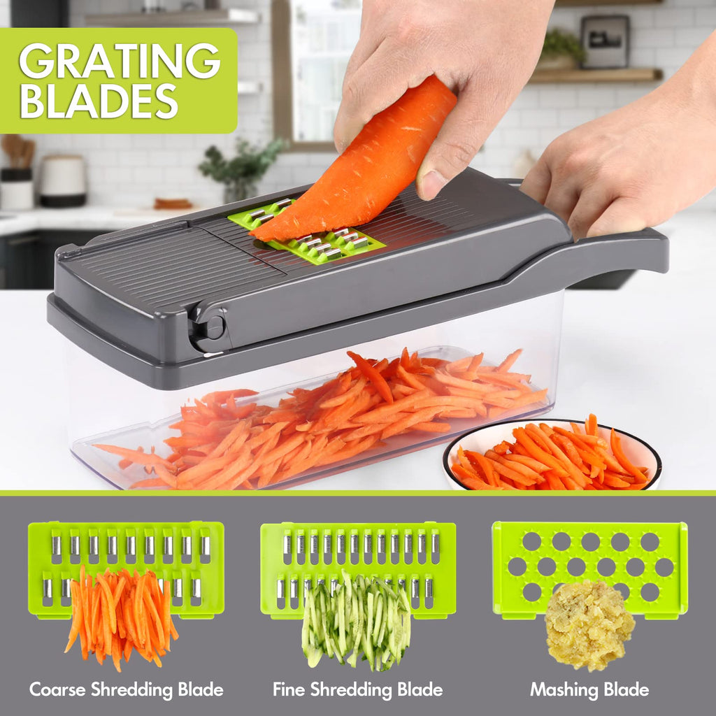 Ourokhome Vegetable Chopper Onion Cutter, 12 in 1 Professional Mandoline Slicer for Kitchen, Multifunctional Food Chopper for Potato, Tomato, Veggie with Strainer Basket, 8 Blades, Blue