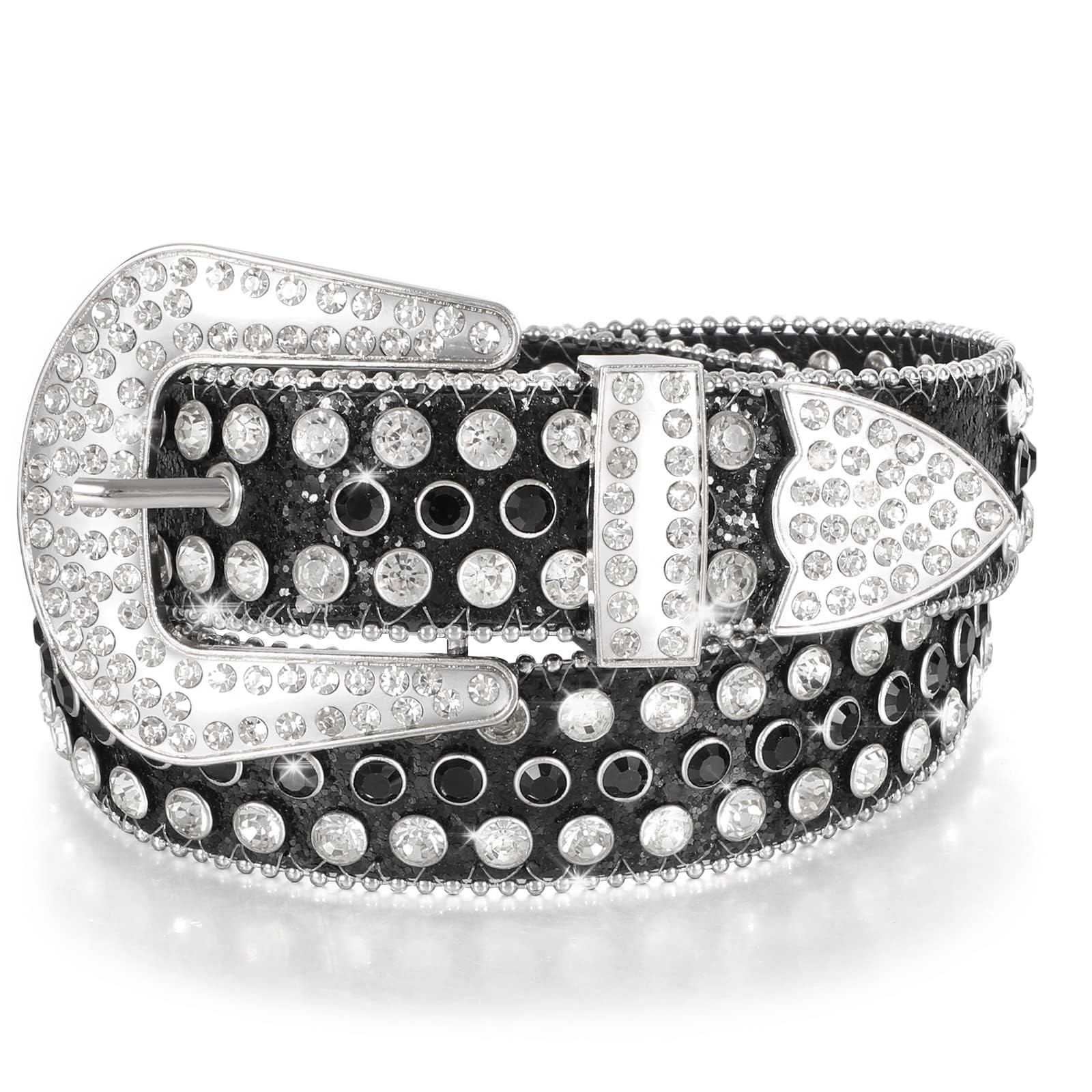 Men Women's Rhinestone Bling Studded 1.5" Leather Belts for Jeans Pants with Fashion Silver Buckle