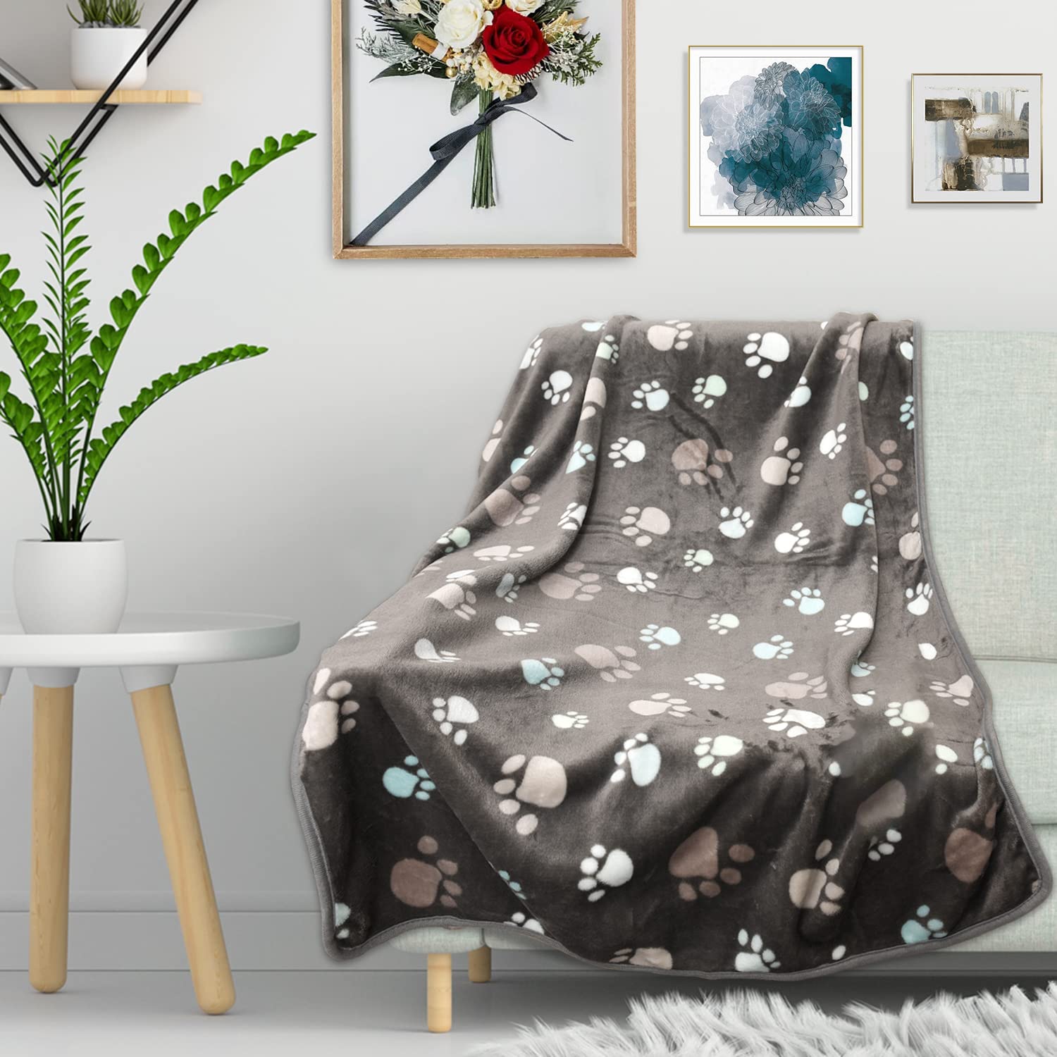 Rezutan 1 Pack 3 Dog Blanket for Large Dogs,41x31 inch for Medium Soft Fluffy Washable Pet Cat Blankets,Reversible Elephant & Paw Print for Dog Kennels & Beds, Sofas, Blue