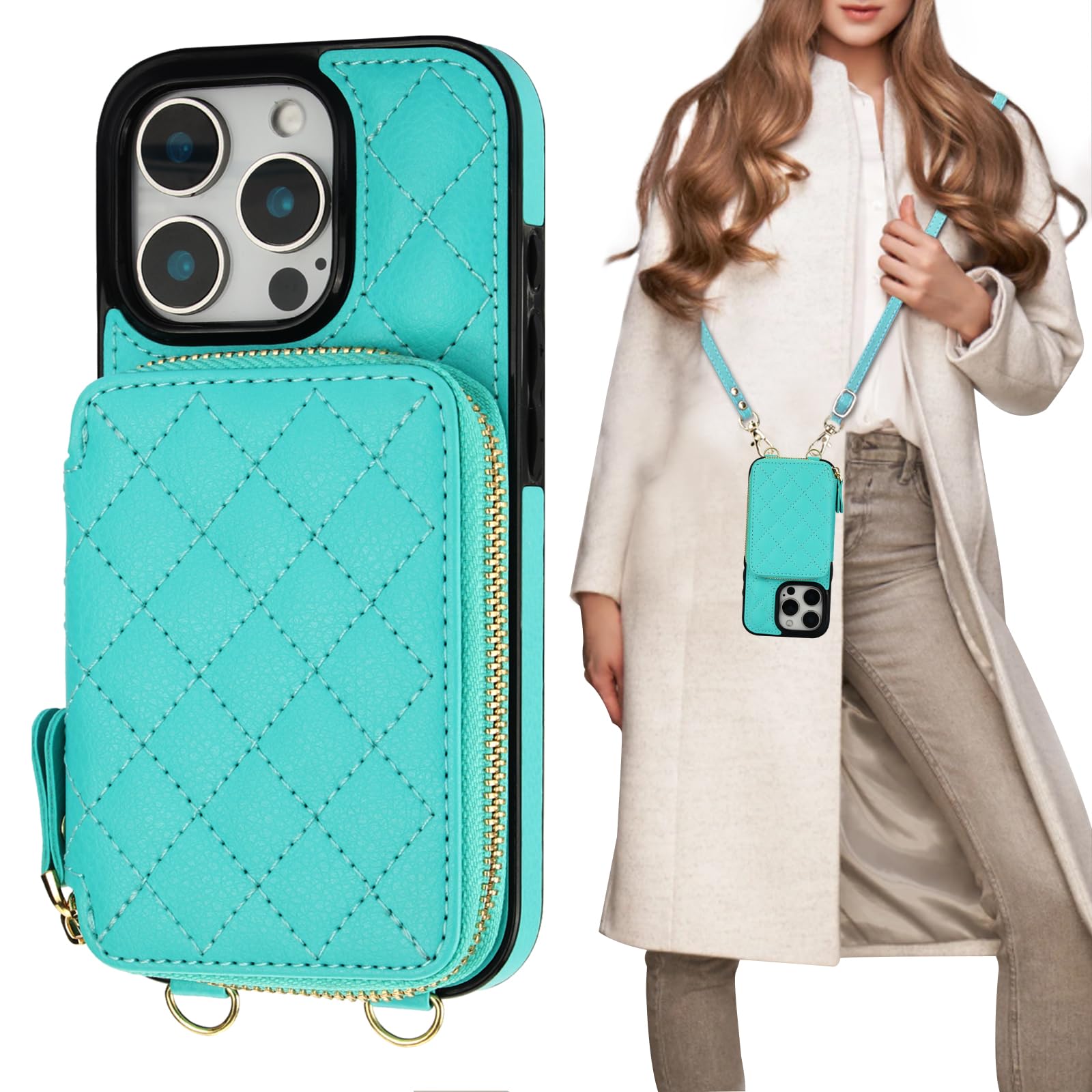 Bocasal Crossbody Wallet Case for iPhone 16 Pro, RFID Blocking PU Leather Zipper Handbag Purse Flip Cover, Kickstand Folio Case with Card Slots Holder Wrist Strap Lanyard 5G 6.3 Inch (Black)