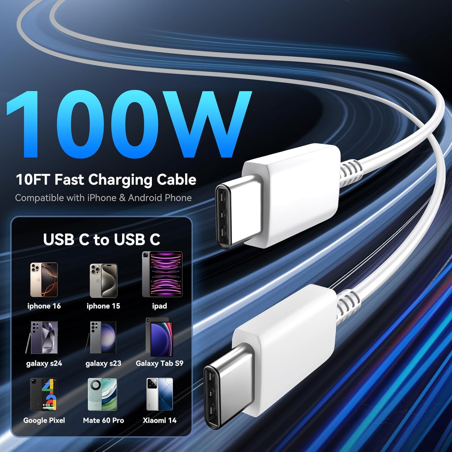 USB C Super Fast Phone Charger 100W, 65W GaN Type C Charger Fast Charging Block with 10ft USB C Charging Cable for Samsung Galaxy S26 Ultra/S26/S26+,MacBook Pro/Air,iPhone/iPad Pro[2 Pack]-Black