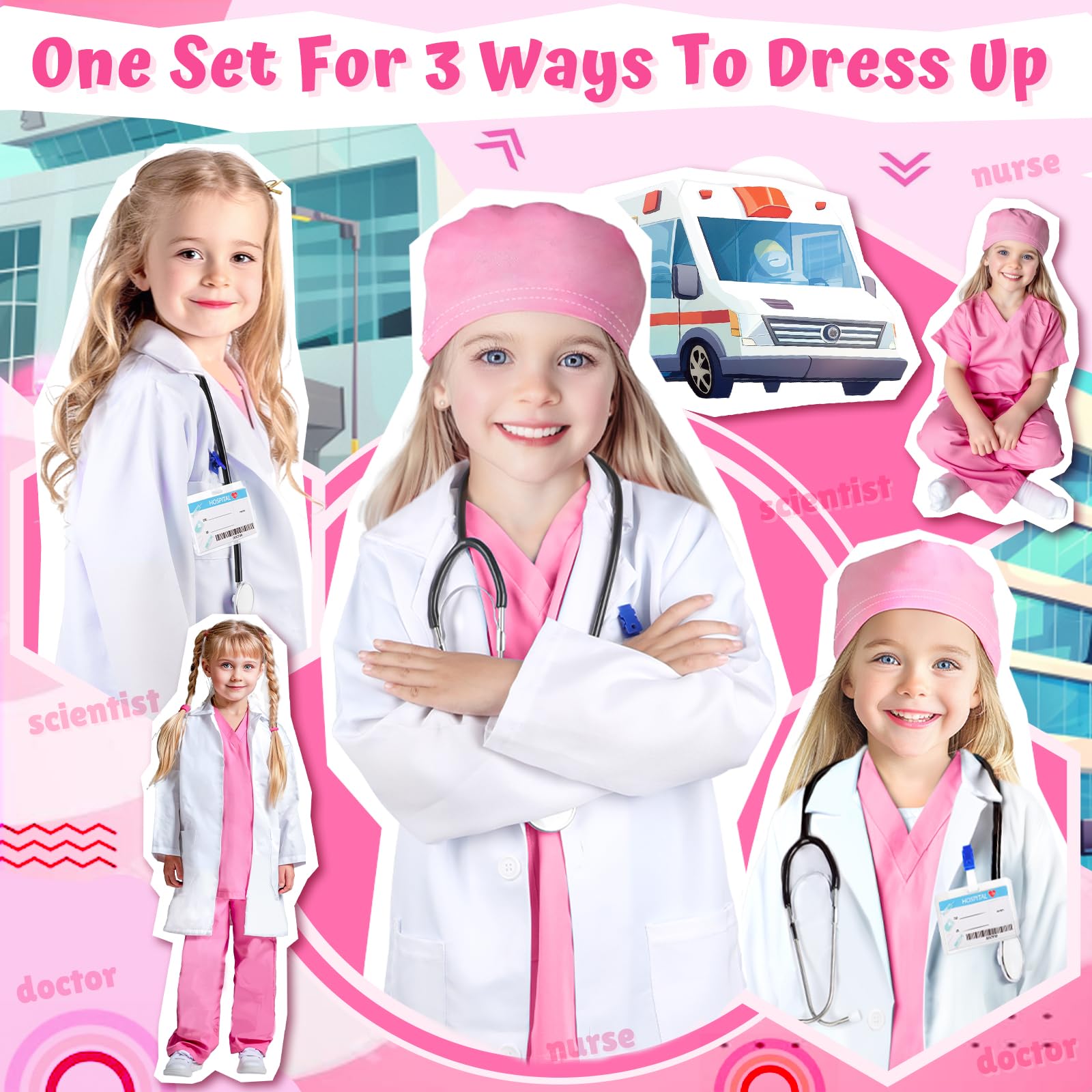 YADIYA Doctor Costume for Kids Scrubs Real Stethoscope Lab Coat Halloween Costumes Career Day Costume For Kids Girls 3-12