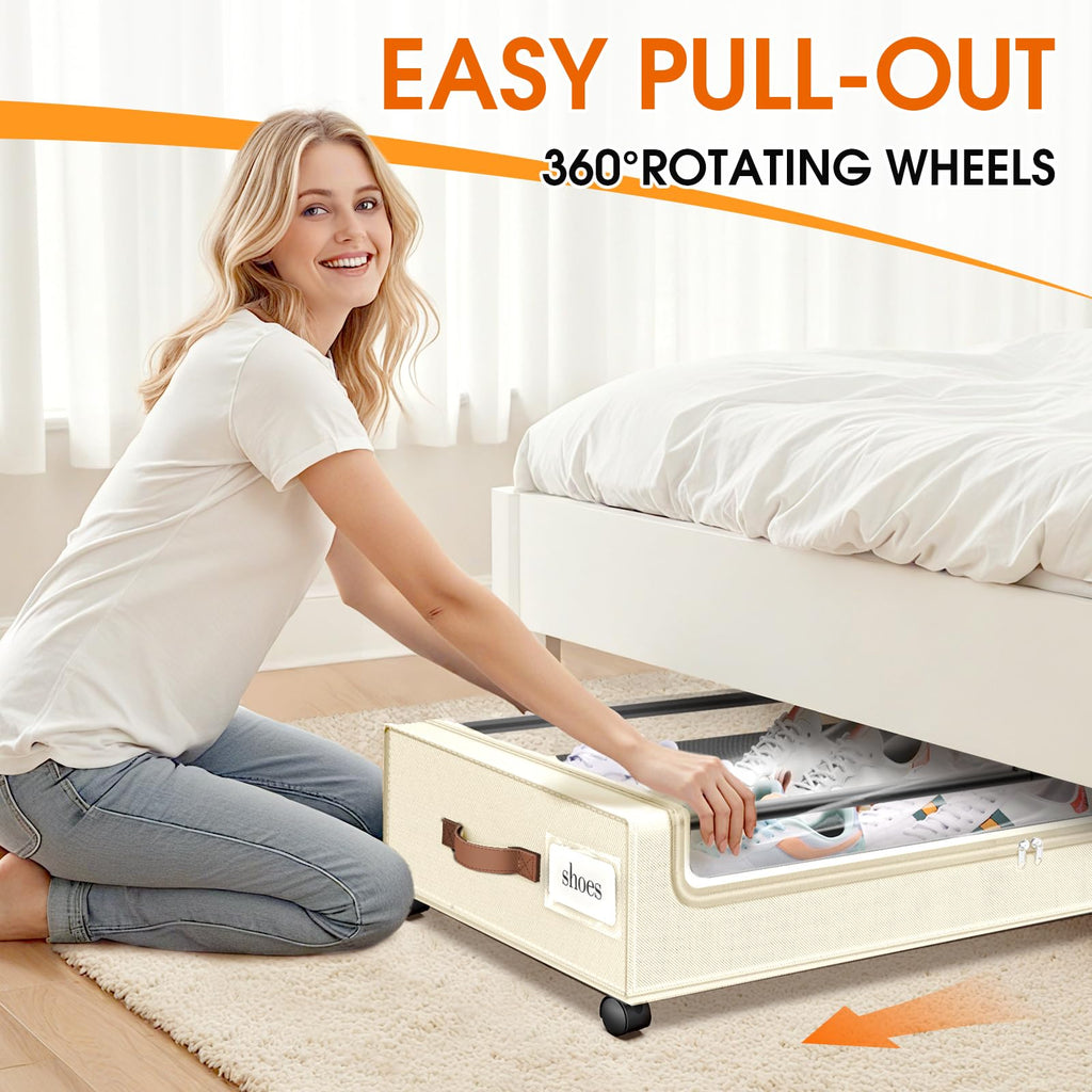 SpaceHacks Under Bed Storage with Wheels 1Pack Underbed Storage with Clear Window&Label Under Bed Drawers Large Capacity Rolling Under Bed Storage for Clothes,Shoes, Blankets (Beige)