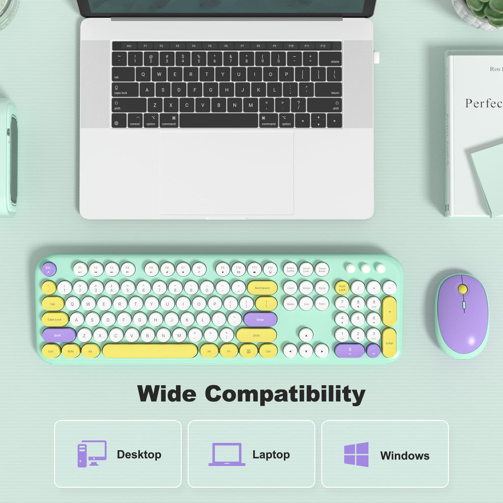MOFII Wireless Keyboard and Mouse Combo, Compact Typewriter Retro Round Computer Keyboard and Mouse Set, Plug and Play, for Windows, Computer, Desktop, PC, Notebook - Black Green Gradient
