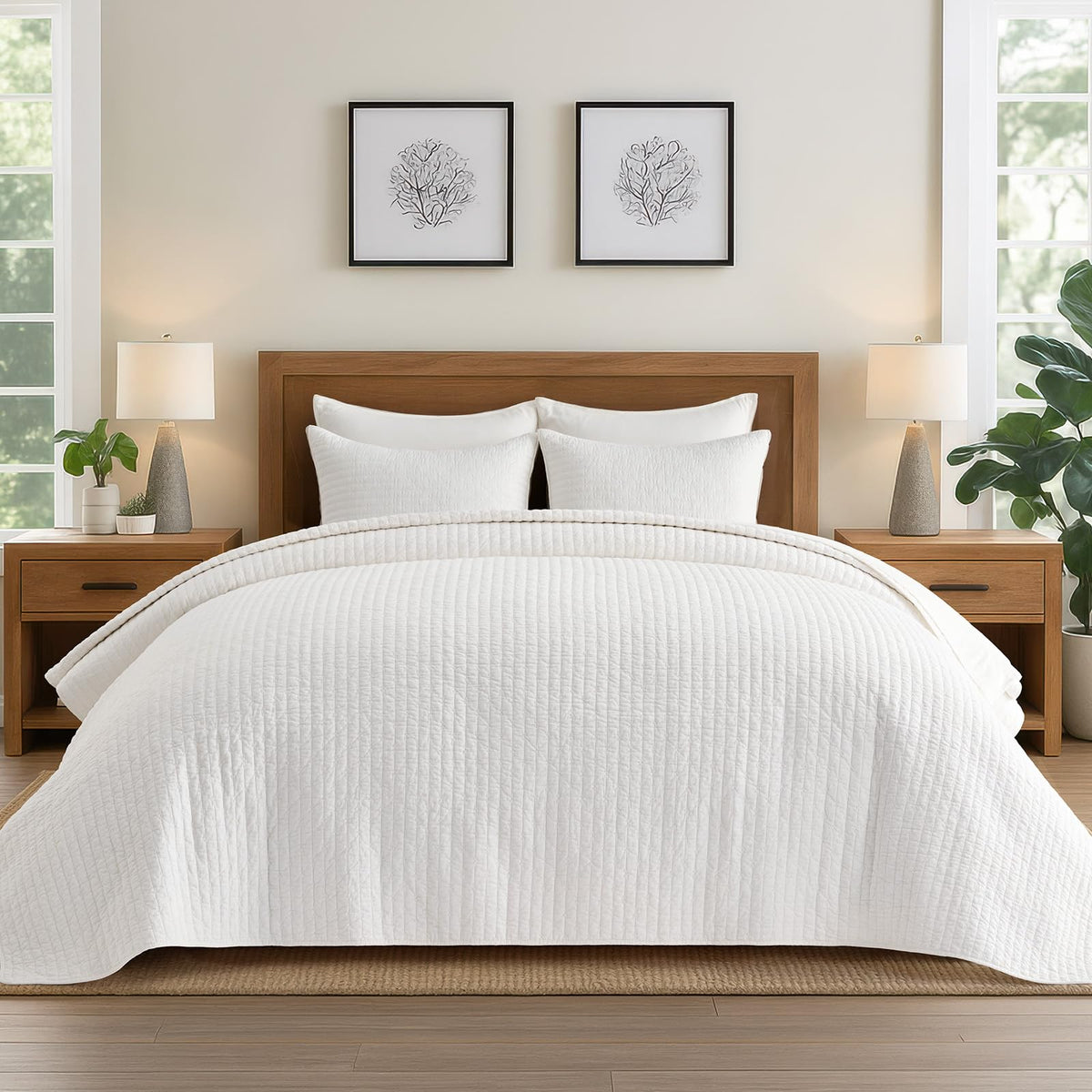 EVERGRACE Cotton Border Frame Tack-Stitch Quilt Bedding Set Queen Size, Coastal Oversized 3 Pieces Lightweight Bedspread Coverlet for All Season, with 2 Matching Shams, Blue Linen