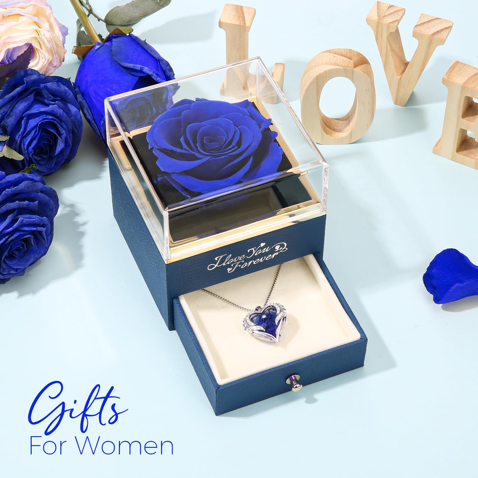 NEWNOVE Preserved Real Light Blue Rose with Angle Wings Necklace, Anniversary Birthday Gifts for Women Wife Girlfriend Mom Gift Ideas for Christmas Mothers Day Valentines Day, I Love You Gifts