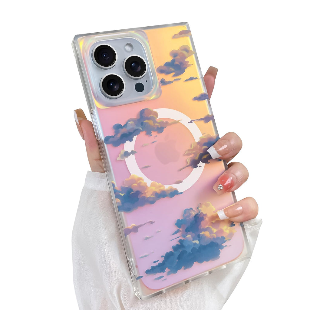 Cute Case for iPhone 13 Pro Case for Women Girls with Iridescent Cloud Pattern Design, Aesthetic Trendy Girly Matte Glitter Sparkly Rainbow Rectangle Protective Phone Cover, Sun Set Sky