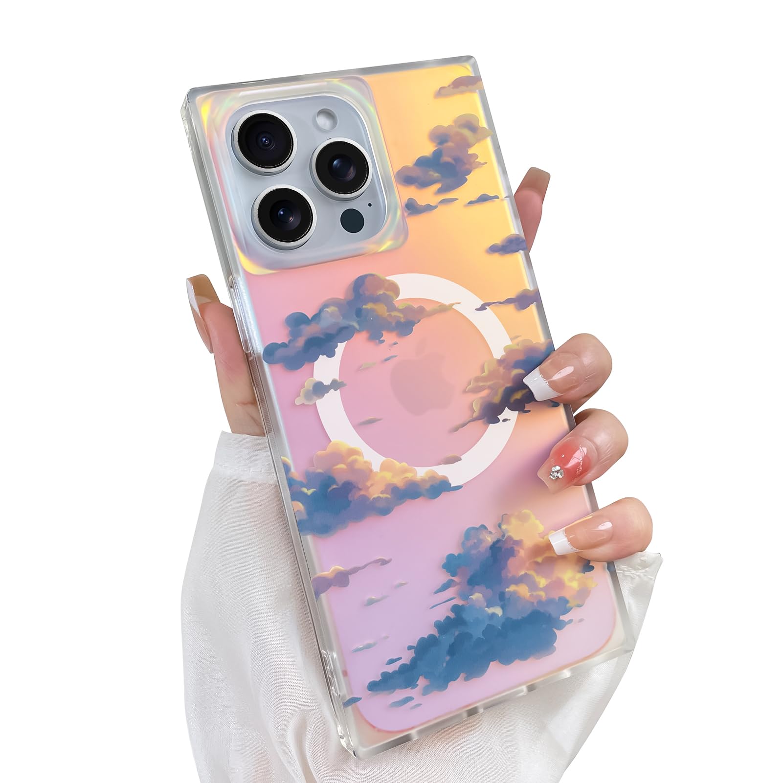 Cute Case for iPhone 13 Pro Case for Women Girls with Iridescent Cloud Pattern Design, Aesthetic Trendy Girly Matte Glitter Sparkly Rainbow Rectangle Protective Phone Cover, Sun Set Sky