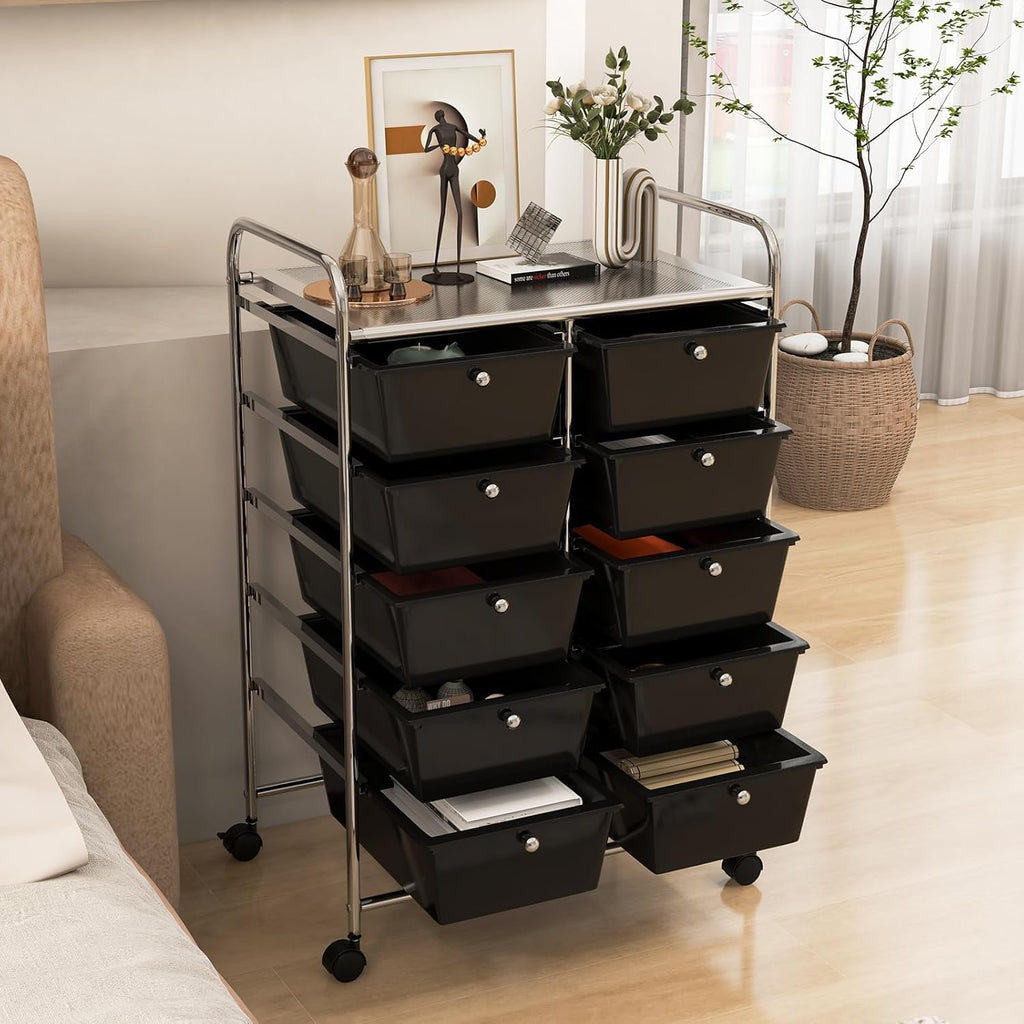 LDAILY 9 Drawer Rolling Storage Cart, Rolling Cart with Drawers for Classroom, Art Supply Craft Organizer on Wheel with Metal Frame & Handles for Home Office School