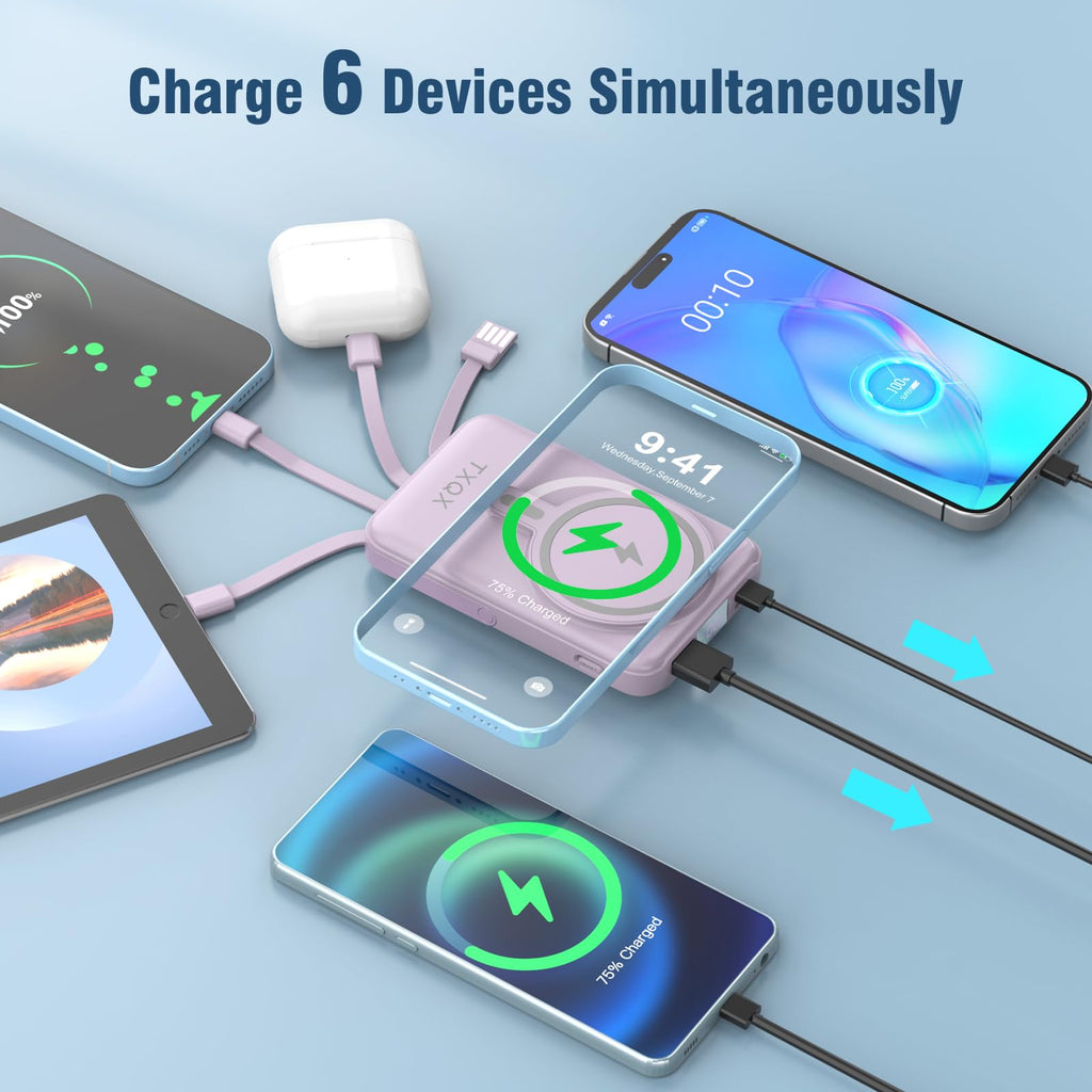 for Magsafe Battery Pack,10000mAh Magnetic Power Bank 22.5W PD Fast Charging with LED Display,Wireless Portable Charger with Built-in Cables and Stand for iPhone 17/16/15/14/13/12/Pro/Pro Max