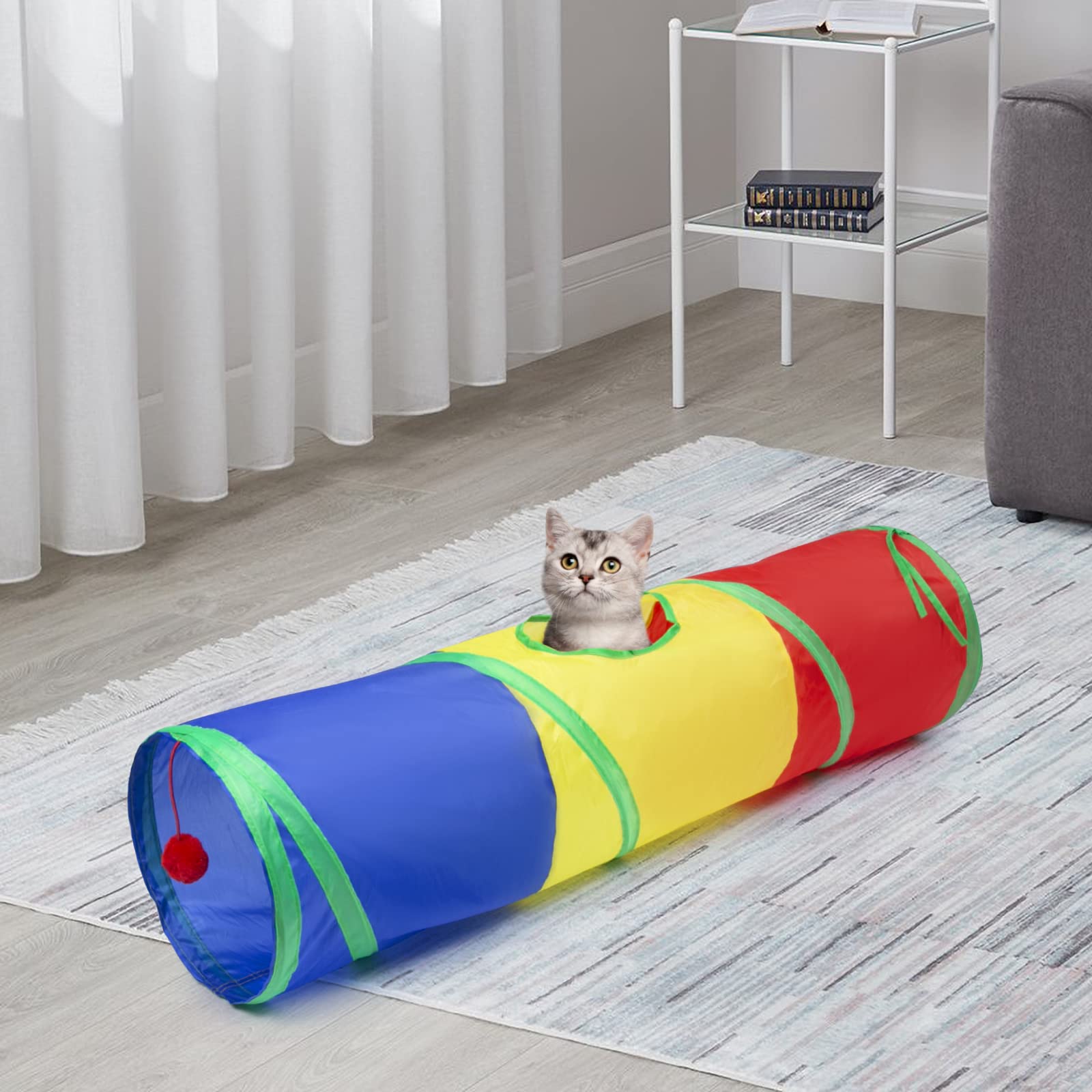 Sheldamy Cat Tunnel, 2-Way Collapsible Play Tunnel, Interactive Toy Maze for Small Animals, Suitable for Kittens, Puppies, Rabbits, Ferrets, Blue & Black