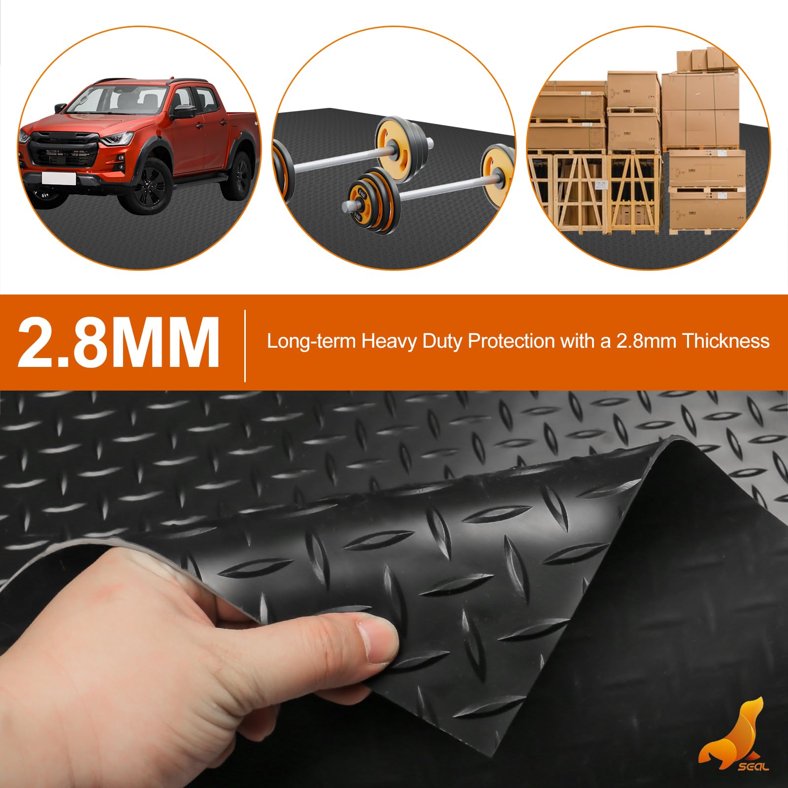 SEAL 4 x 6 FT Premium Garage Floor Mat, Solid 2.8mm Thick Lay-Flat Black Commercial Grade Heavy Duty Parking Mat for Golf Cart, Workbench, ATV, Water/Stain Resistant Runner (Embossed Diamond Plate)