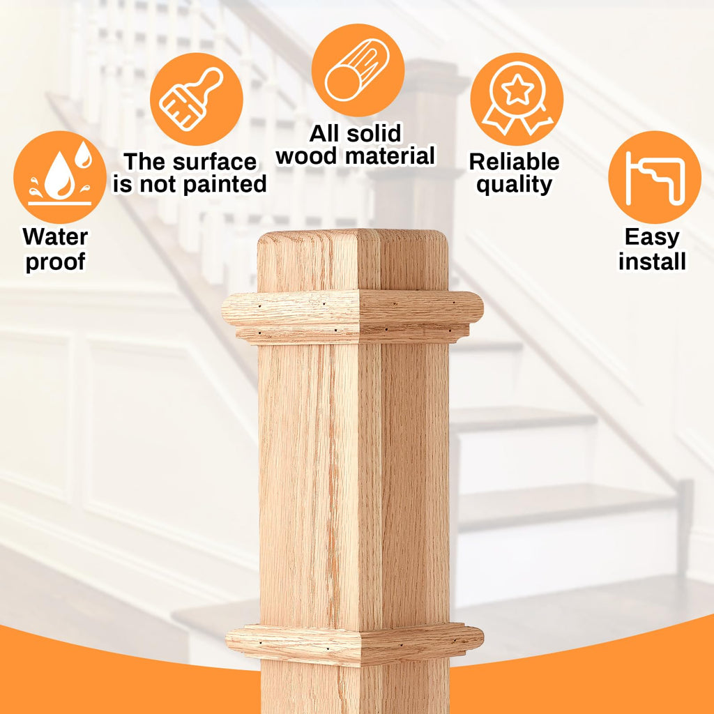 Wonderjune 1 Pcs 48 Inch Red Oak Stair Newel Post with 3 1/2" Post and 4 1/2" Pedestal, Wood Box Newel with Pedestal for Staircase, Plain Style Wood Balusters Interior for Stair Remodeling