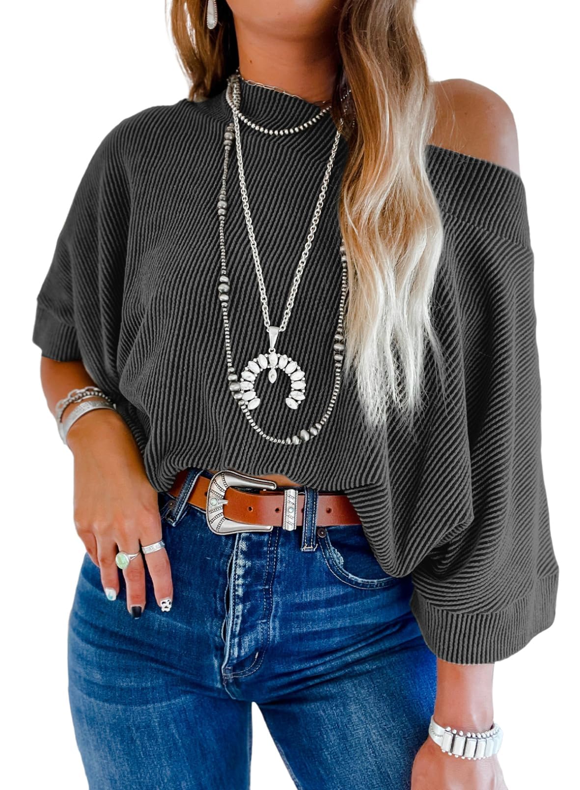EVALESS Sexy Off The Shoulder Tops for Women 3/4 Length Sleeve Womens Tops Spring Summer 2026 Boat Neck One Shoulder Shirts