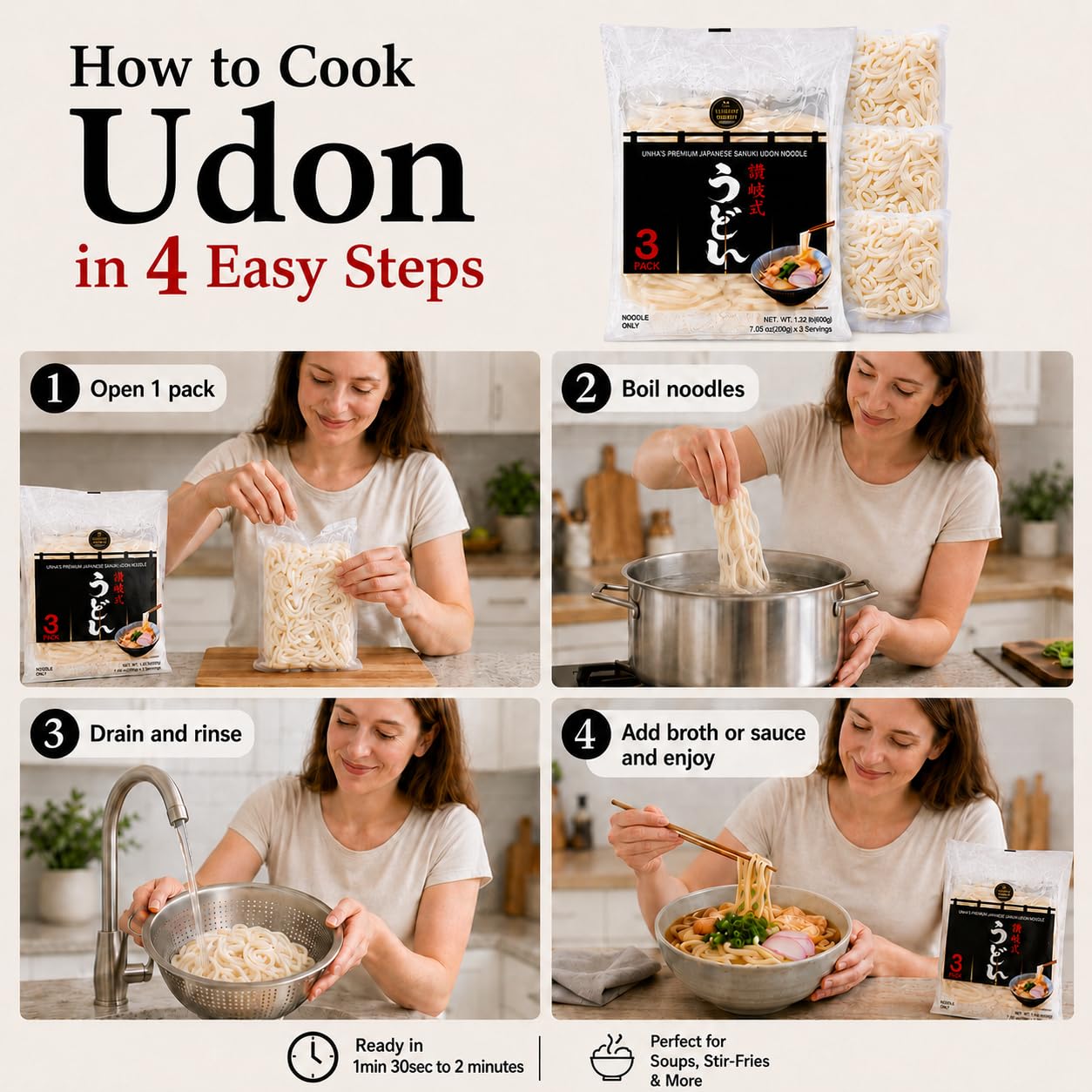 Unha's Japanese Sanuki Fresh Udon Noodles, Jumbo Chewy, 21.15 oz 1 Pack | jumbo chewy udon, no soup included, yaki udon stir fry, noodle soup, nabeyaki hot pot, quick meal