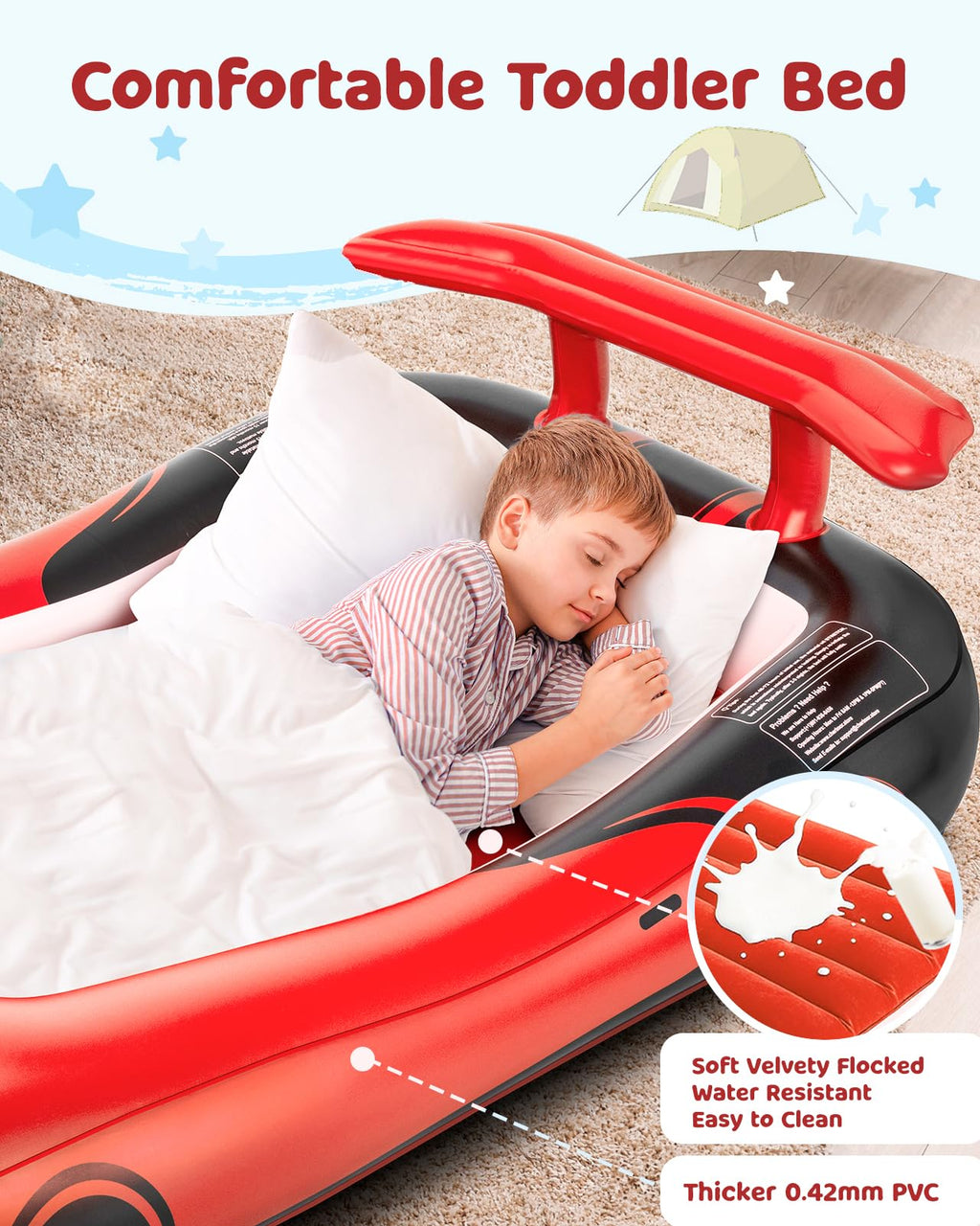 CHERIMOR Inflatable Toddler Travel Bed with Safety Bumpers & 2 Mins Auto Inflation Pump, Portable Toddler Kids Air Mattress with Carry Bag for Home Grandma's Sleepovers Travel Camping, 330lbs Support