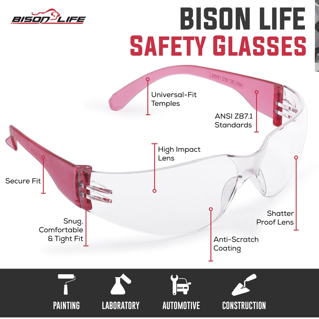 BISON LIFE Clear Safety Glasses – ANSI Z87.1 Certified Scratch & Impact Resistant Eye Protection Goggles for Men & Women