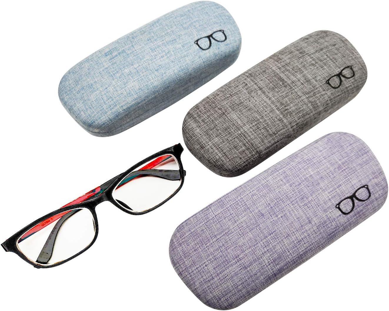 HSYMQ 3Pack Hard Shell Eyeglasses Case Protector Linen Fabrics Large Glasses Case Concise
