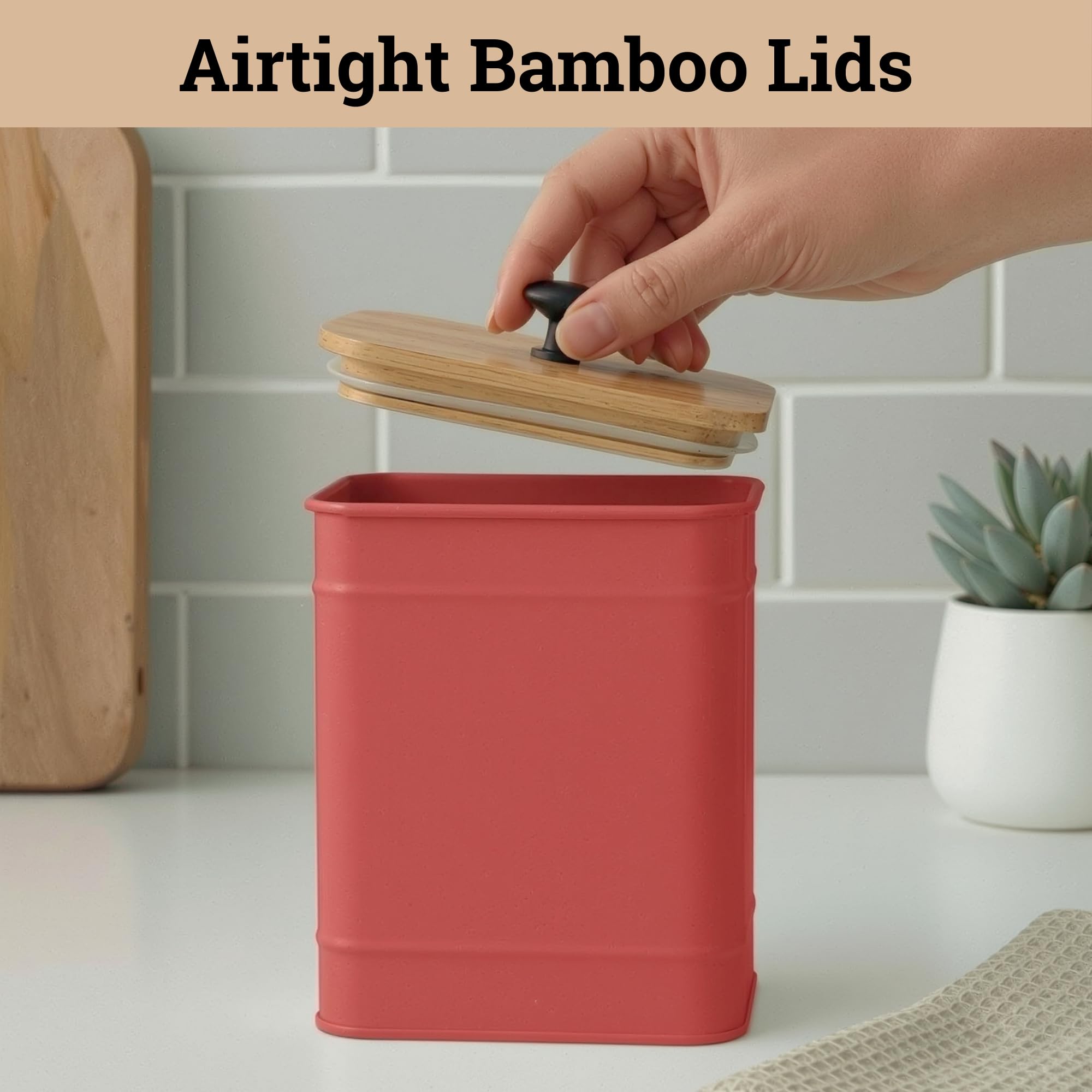 Kitchen Canisters for Countertop Set of 4 w/ Chalkboard Labels & Marker Pen | Airtight Easy Open Bamboo Lids, Dent-Resistant Thick Metal, Customizable Chalkboard Labels, Marker Pen Included, Set of 4