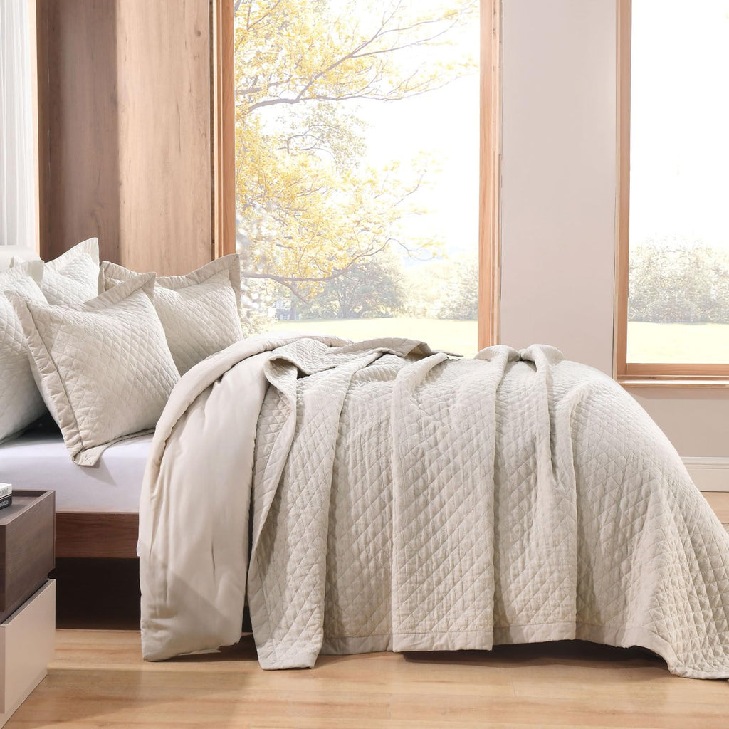 Grassix Linen Quilt Set Queen Size 3-Piece, 100% Linen Front & Cotton Back, Prewashed Diamond Stitch Bedspread with 2 Shams, Lightweight Breathable Quilt for Hot Sleepers, Modern Farmhouse Bedding