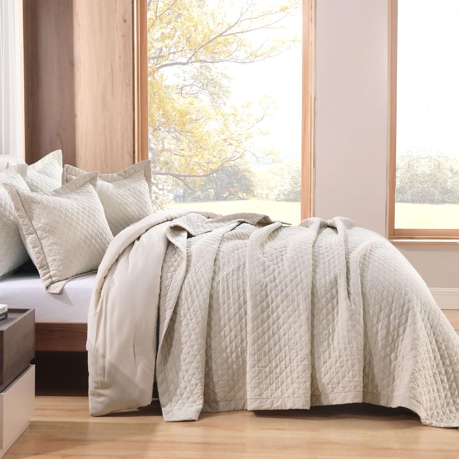 Grassix Linen Quilt Set Queen Size 3-Piece, 100% Linen Front & Cotton Back, Prewashed Diamond Stitch Bedspread with 2 Shams, Lightweight Breathable Quilt for Hot Sleepers, Modern Farmhouse Bedding