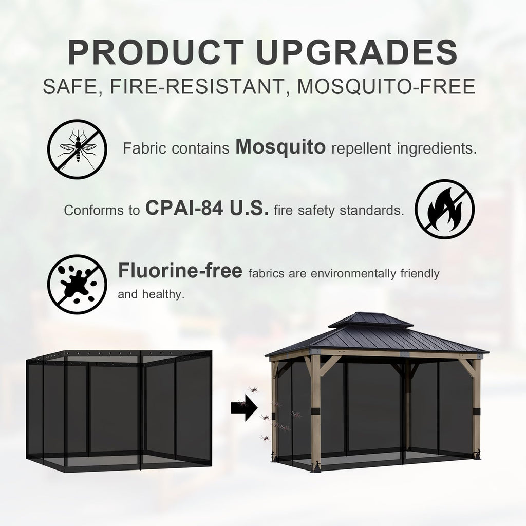BPS 10' x 10' Gazebo Universal Mosquito Netting Screen Replacement, 4-Panel Mesh Screen Walls with Double Zippers for Outdoor Patio, Khaki (Mosquito Net Only)
