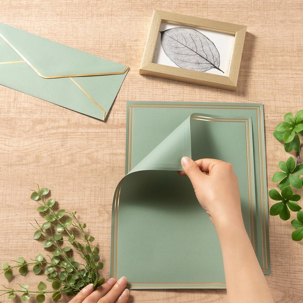 50 Pack Stationery Set with Envelopes, Cream Color, 8.5x11 Inches | Gold Border, #10 Business Envelopes and 8.5x11 Paper Sheets, Stickers for Letter Writing, Invitations