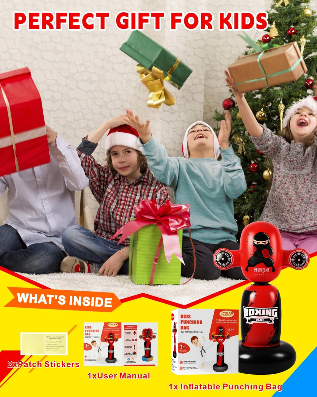 Punching Bag for Kids,New Upgraded 360°Rotating Kids Punching Bag,Inflatable Boxing Bag Toy for Boys Girls, Christmas Birthday Gift for Kids Age 3-12