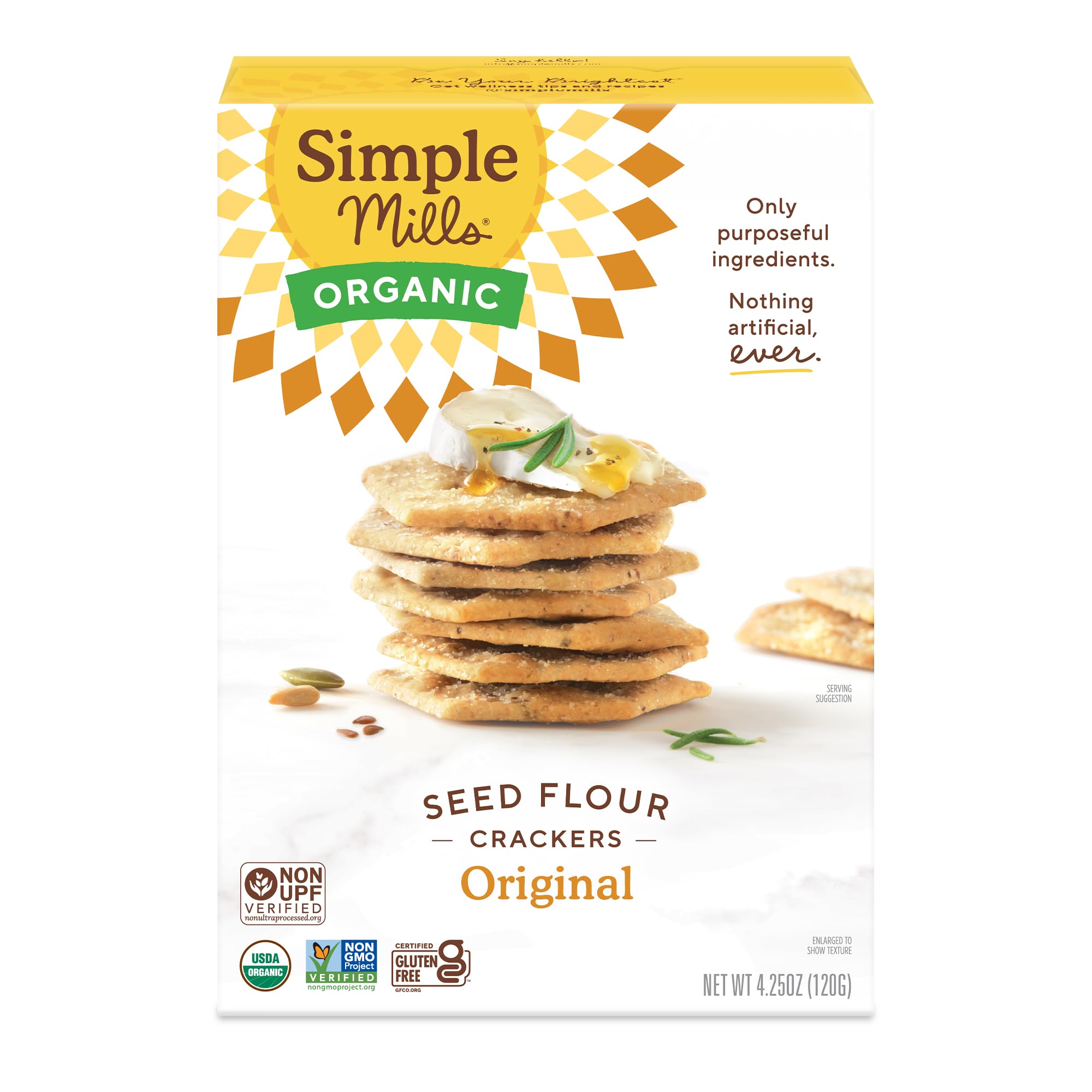 Simple Mills Organic Seed Crackers, Original, Gluten Free, Flax Seed, Sunflower Seeds, Corn Free, Low-Calorie Snacks, Plant Based, Nutrient Dense, 4.25oz, Pack of 1