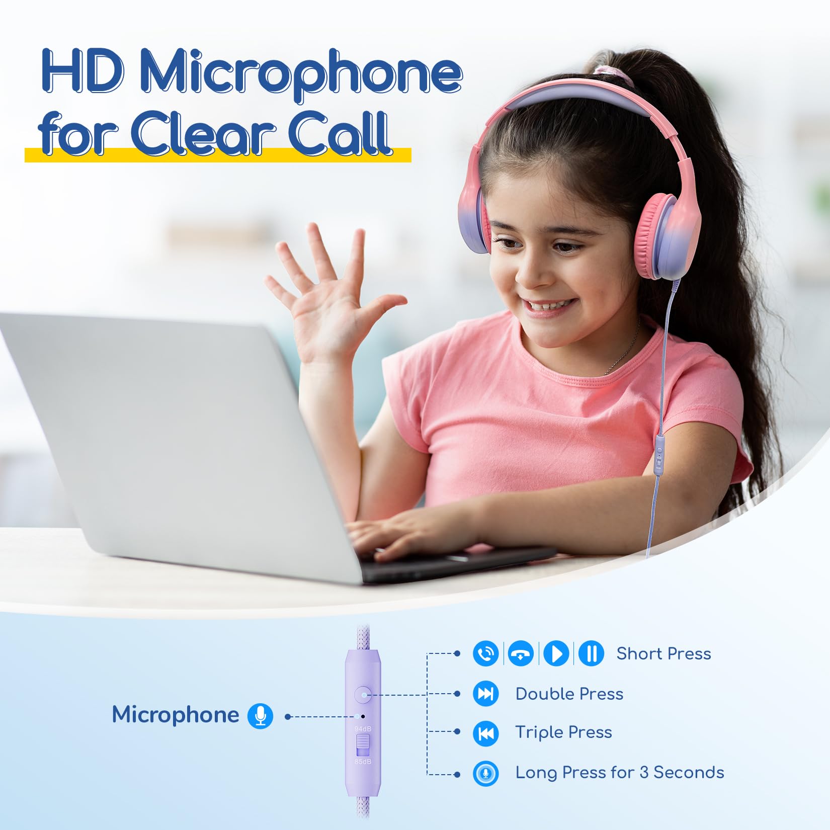 EarFun K1 Kids Headphones Wired with Microphone, 85/94dB Volume Limit Headphones for Kids, Portable Wired Headphone with Shareport, Stereo Sound Foldable Headset for School/Tablet/iPad, Black Red