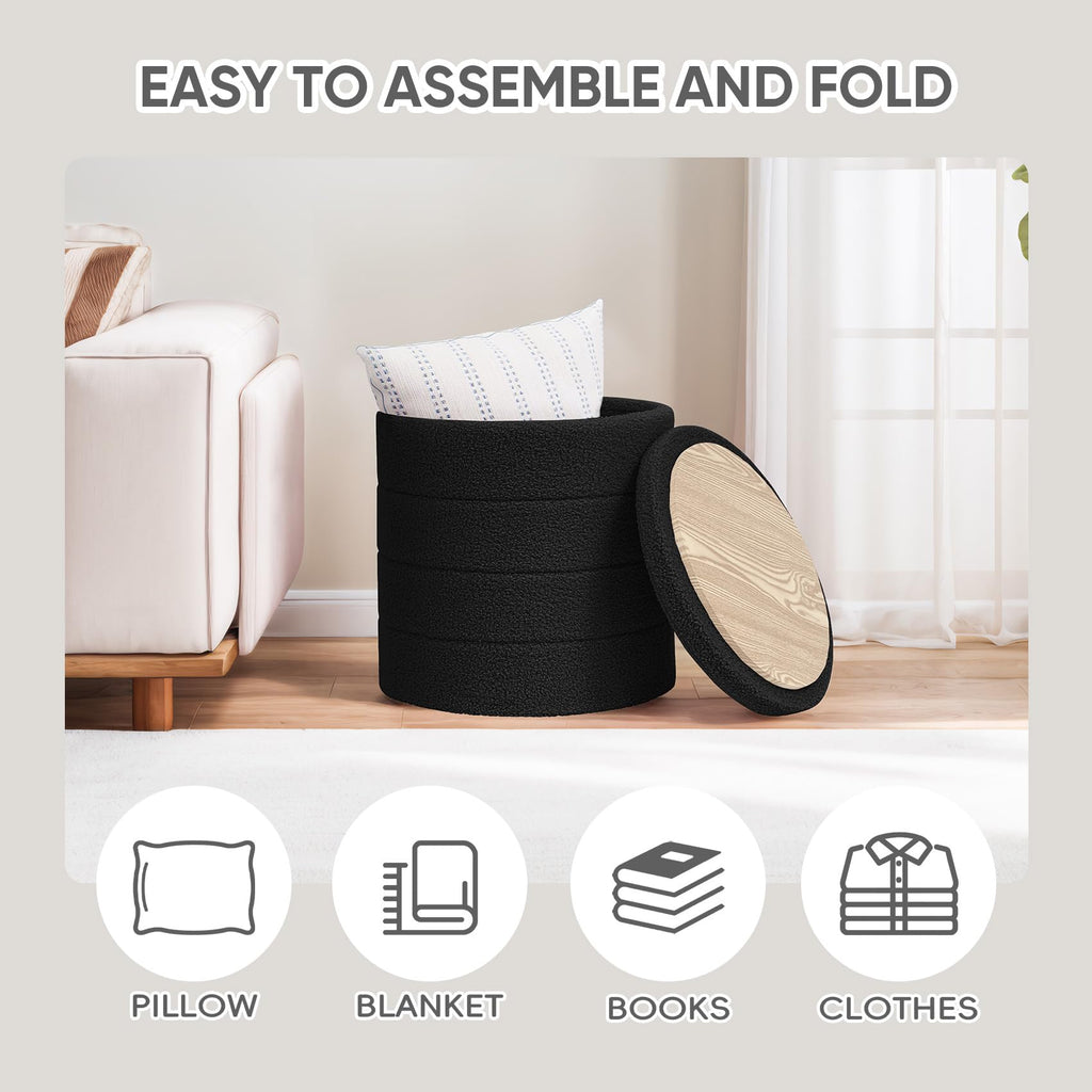 PINPLUS Round Storage Ottoman Foot Rest Stool with Tray Velvet Sherpa Folding Storage Ottoman,Boucle Foot Rest for Living Room, Bedroom, Dorm（Beige）