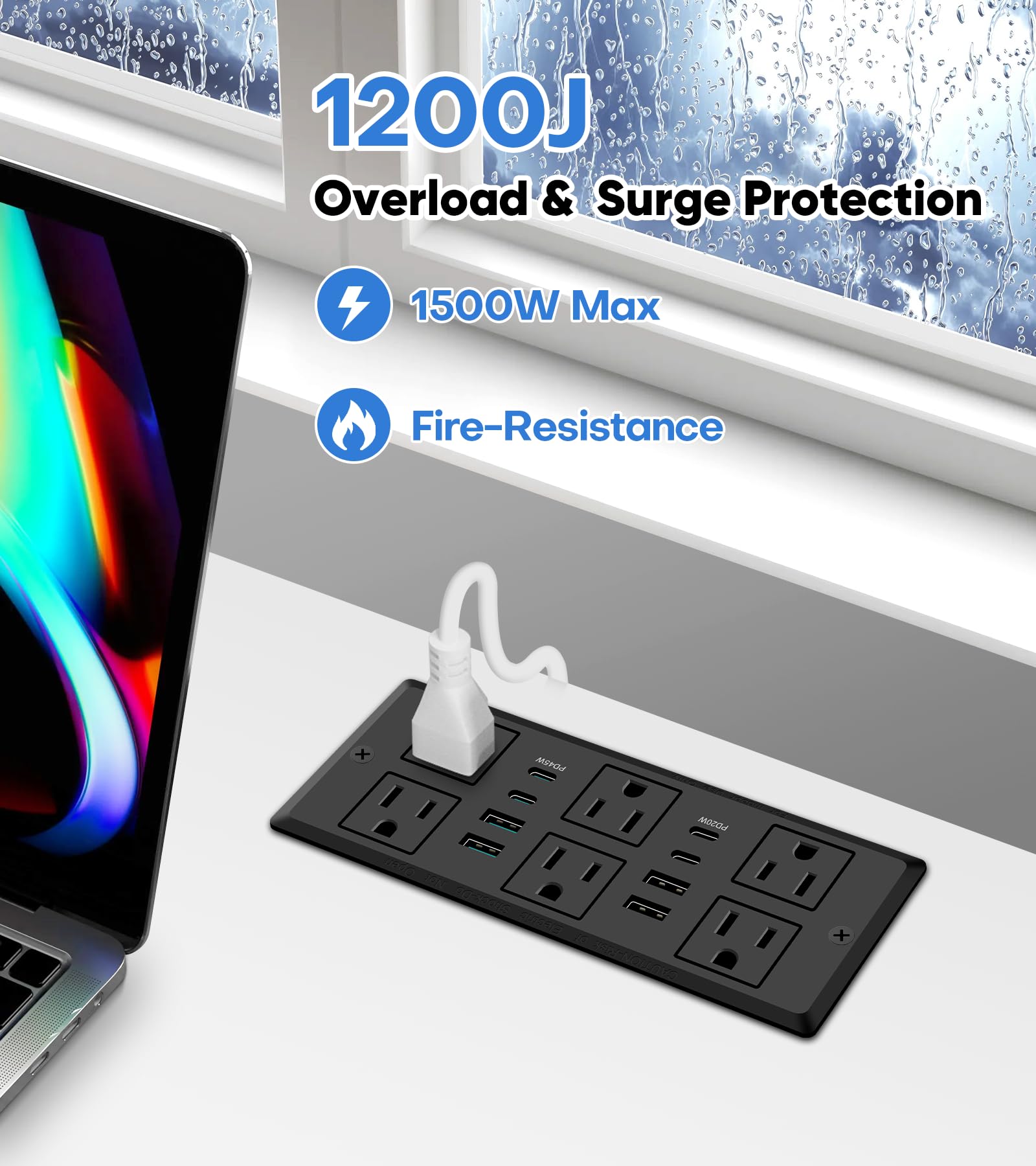 45W Recessed Power Strip, Flush Mounted Surge Protector(1200J) with 6 AC Outlets & 8 USB Ports(4 USB-C), 45°Flat Plug, 6FT Flat Power Cord(Black)