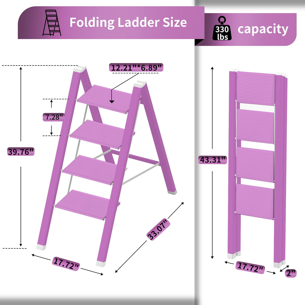 2 Step Lightweight Folding Ladder for Home, 330lbs Aluminum Step Ladder Anti-Slip for Kitchen, Step Stool Foldable Adults for Closet, 330lbs - Black