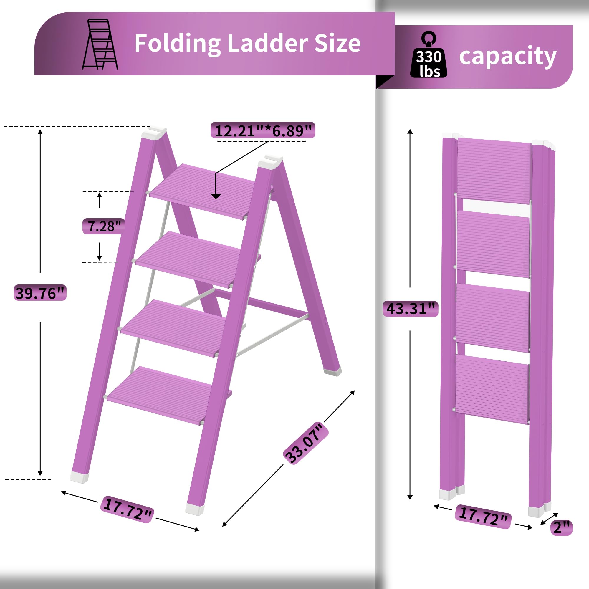2 Step Lightweight Folding Ladder for Home, 330lbs Aluminum Step Ladder Anti-Slip for Kitchen, Step Stool Foldable Adults for Closet, 330lbs - Black