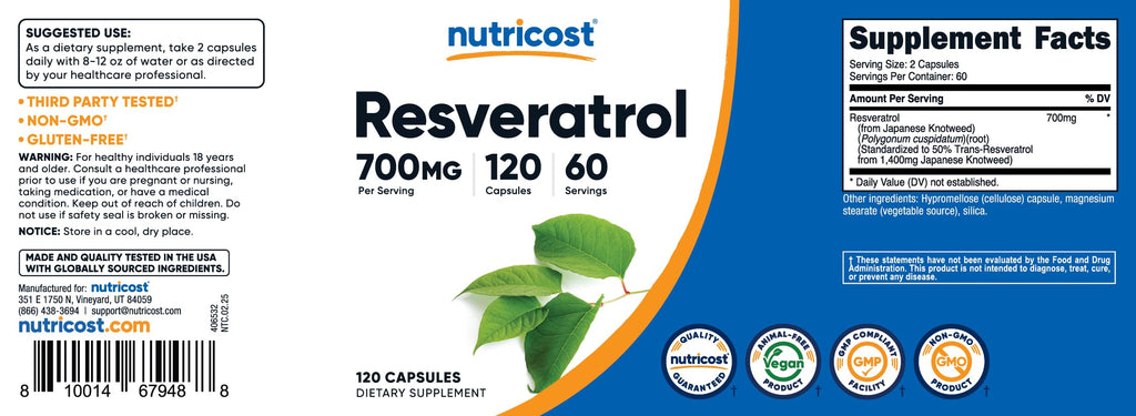 Nutricost Resveratrol 700mg; 120 Vegetable Capsules - 50% Trans-Resveratrol (3 Bottles)