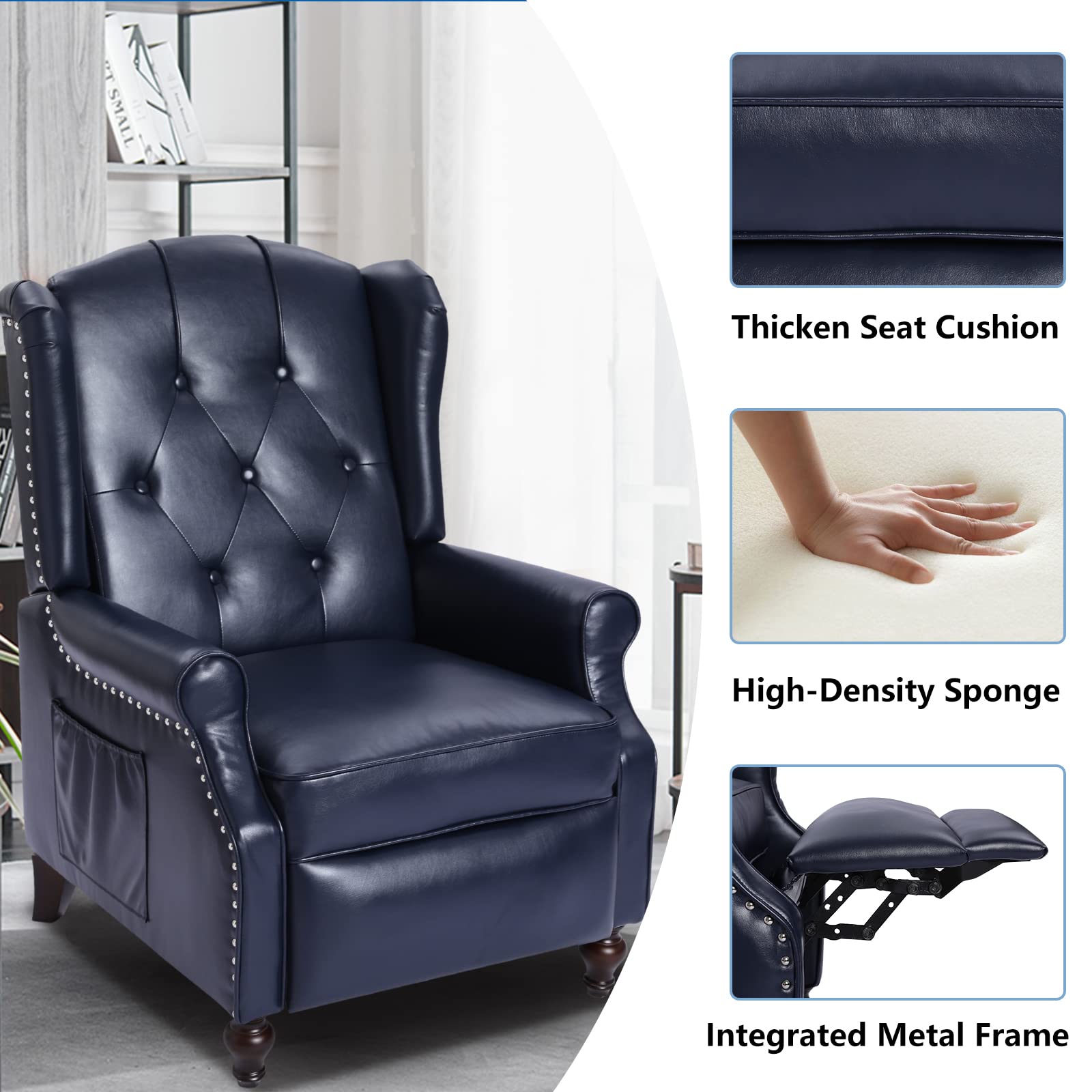 Wingback Chair with Massage and Heat, Tufted Fabric Pushback Recliner Chair, Wingback Recliner Chair with Remote Control, Padded Cushion, Wooden Legs, Small Recliners for Small Spaces