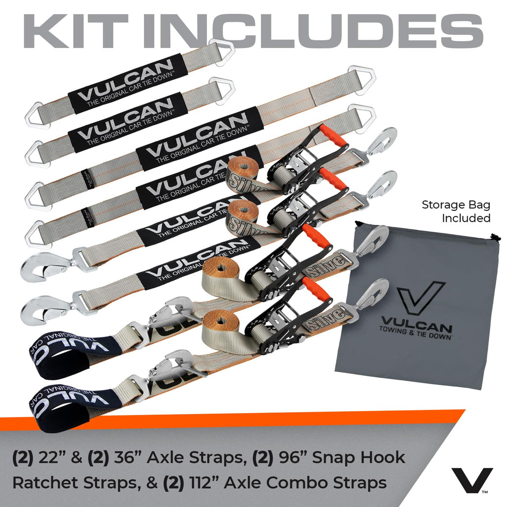 VULCAN Complete Axle Strap Tie Down Kit with Snap Hook Ratchet Straps - Classic Yellow - Includes (4) 22 Inch Axle Straps, (4) 36 Inch Axle Straps, and (4) 8' Snap Hook Ratchet Straps