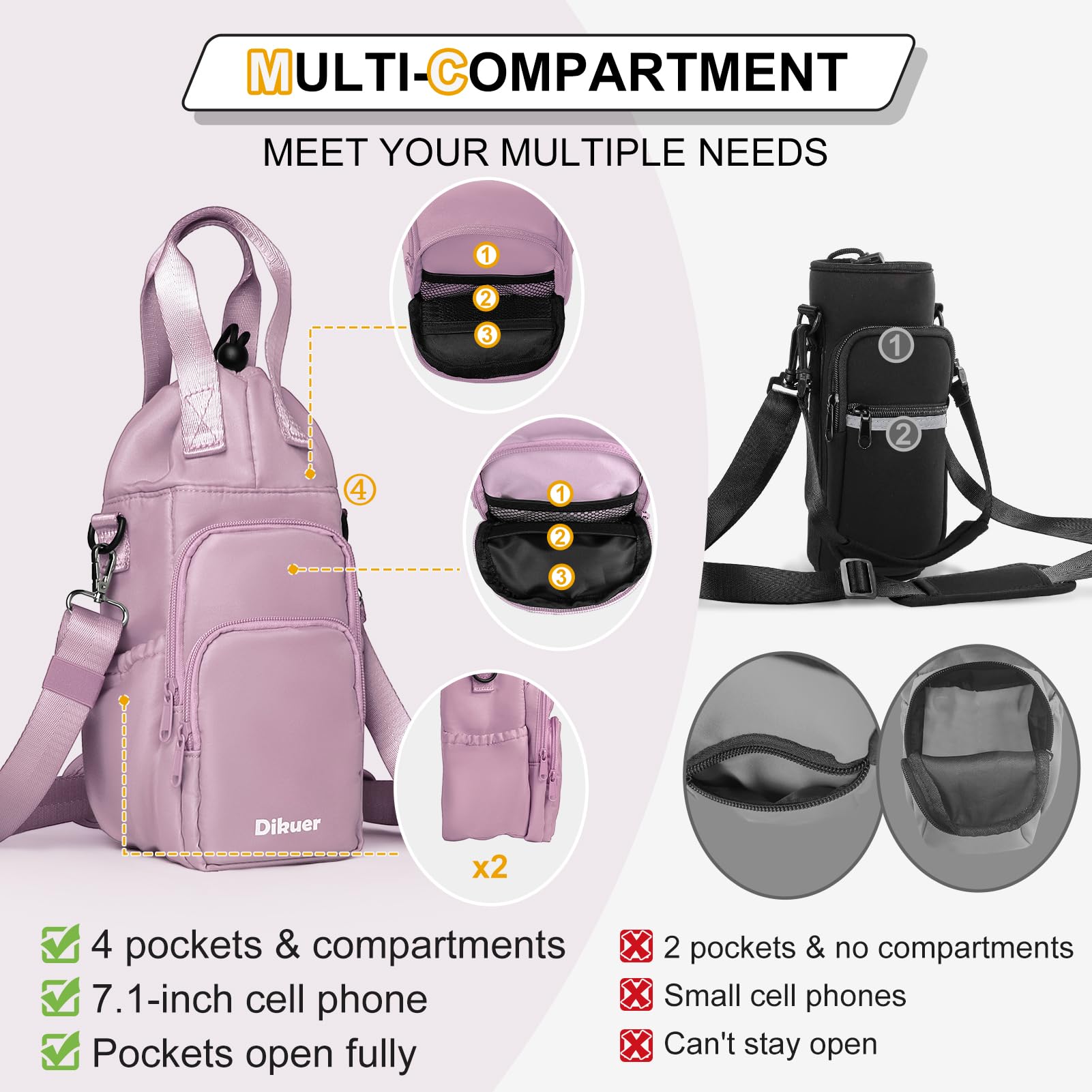 Water Bottle Holder with Strap, 32oz 40oz Insulated Crossbody Water Bottle Carrier Sling Bag with Phone Pocket for Walking/Hiking/Travel/Gym