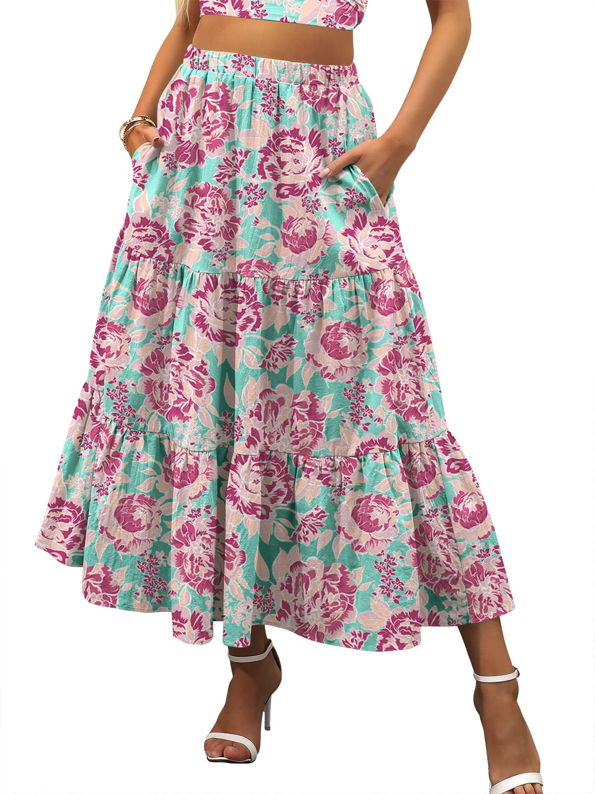 ANRABESS Women’s Summer Boho Flowy Swing Tiered A-Line Maxi Skirt 2026 Fashion Trendy Elastic Waist Pleated Long Beach Dress