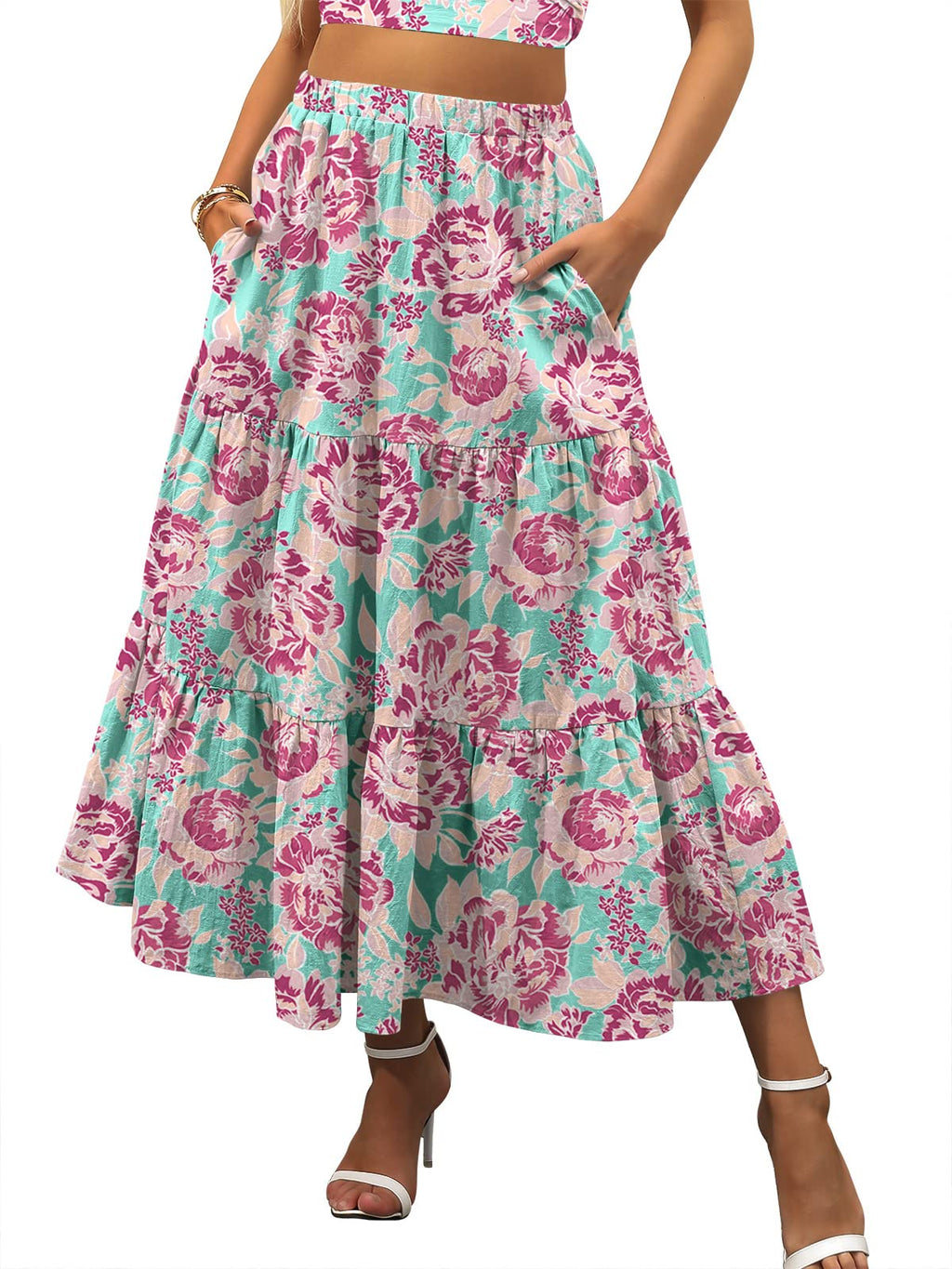ANRABESS Women’s Summer Boho Flowy Swing Tiered A-Line Maxi Skirt 2026 Fashion Trendy Elastic Waist Pleated Long Beach Dress