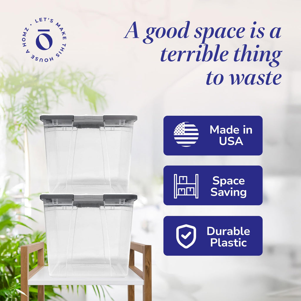 HOMZ 4-Pack Secure Latch, Clear Plastic Storage Organizer Bins, 15 Quart, Gray Lid - Stackable Container Boxes for Bedroom, Bathroom, Garage, and Office Organization