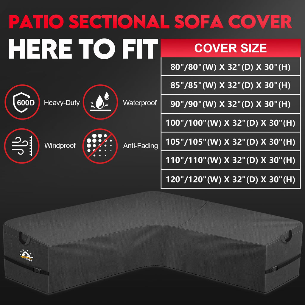 Zettum Outdoor L-Shaped Sectional Cover - 600D Patio Sectional Sofa Cover, Waterproof Patio Furniture Covers for 4-Seater Outdoor Sectional Sofa and Couch, Left Facing, 58x85 Inch Wide