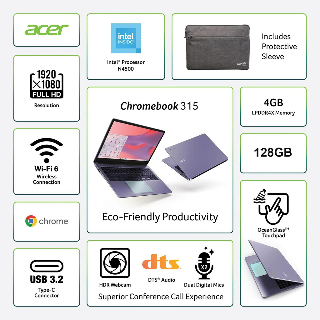 Acer Chromebook 315 (15.6" FHD, Intel Celeron N4500, 4GB RAM, 128GB Storage (64GB eMMC + 64GB SD Card) Home & Student Laptop, 10-Hr Long Battery Life, IST Hub, Wi-Fi 6, Webcam, Chrome OS, Purple
