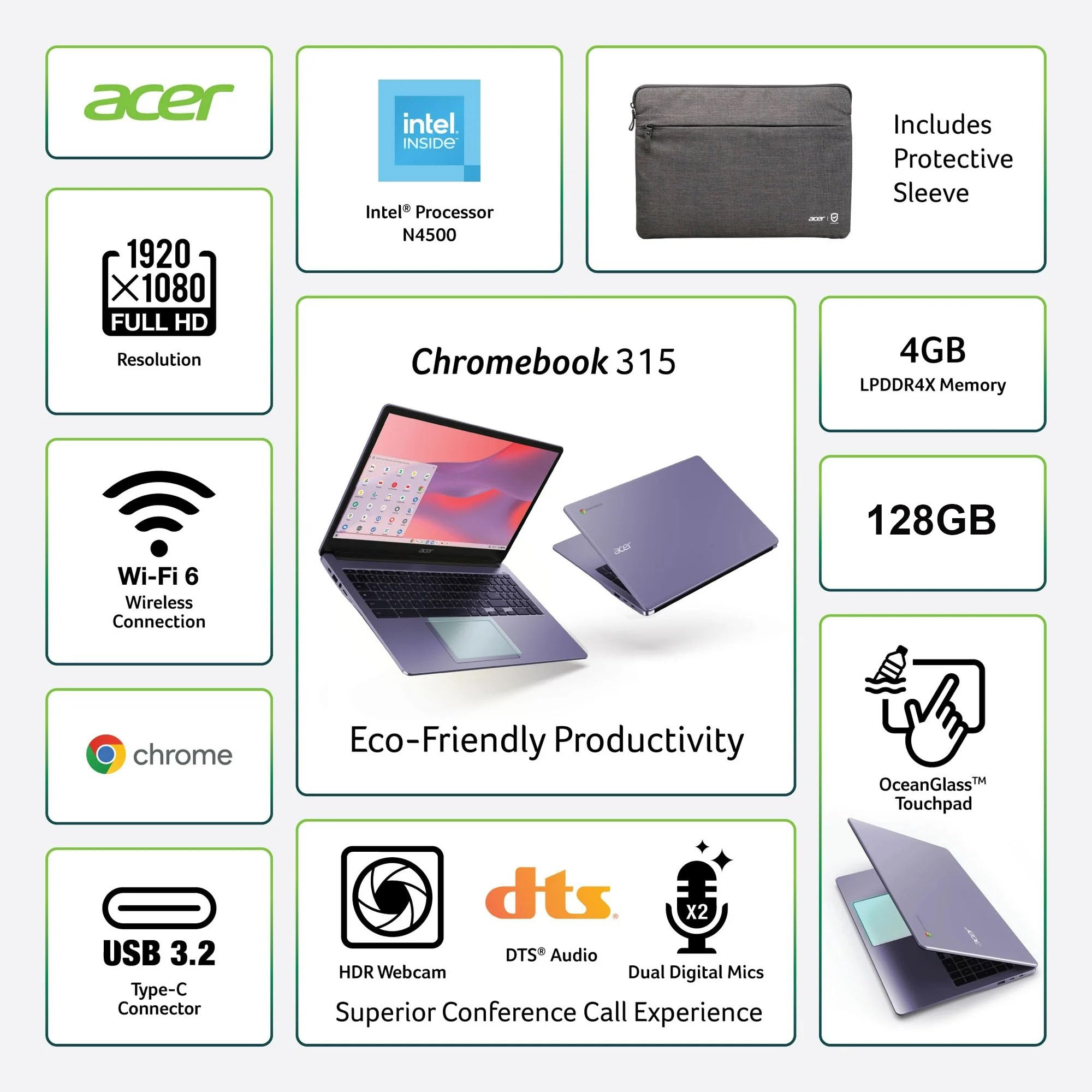 Acer Chromebook 315 (15.6" FHD, Intel Celeron N4500, 4GB RAM, 128GB Storage (64GB eMMC + 64GB SD Card) Home & Student Laptop, 10-Hr Long Battery Life, IST Hub, Wi-Fi 6, Webcam, Chrome OS, Purple