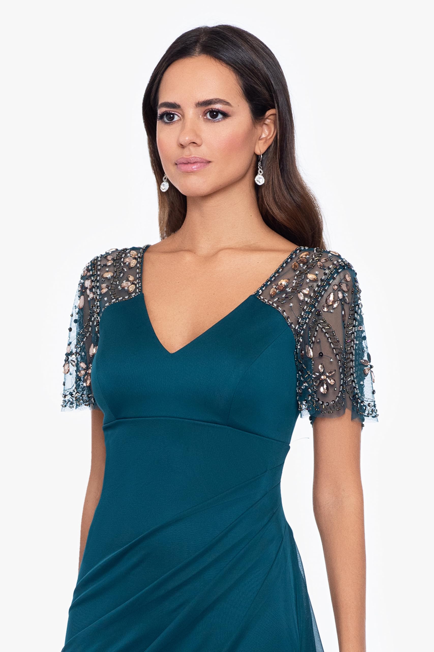 Xscape Floor Length Jersey Knit Evening Gown with V-Neckline, Beaded Flutter Sleeves and Ruched Draping