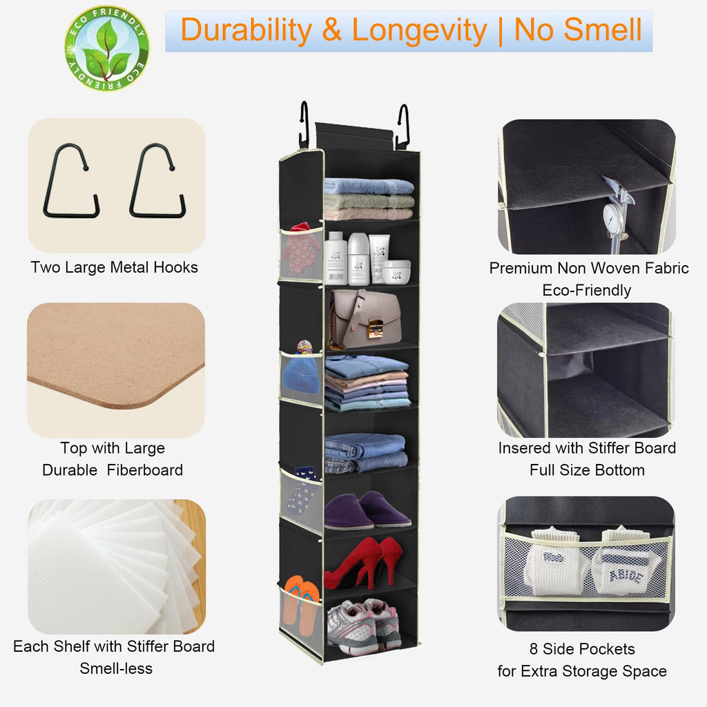 Large-Sized Hanging Shoe Organizer 8-Shelf, Hanging Closet Organizer with 8 Side Pockets, Wider Hanging Shelves for Storage Shoes Clothes 9" W × 11.8" D× 48" H, Beige.