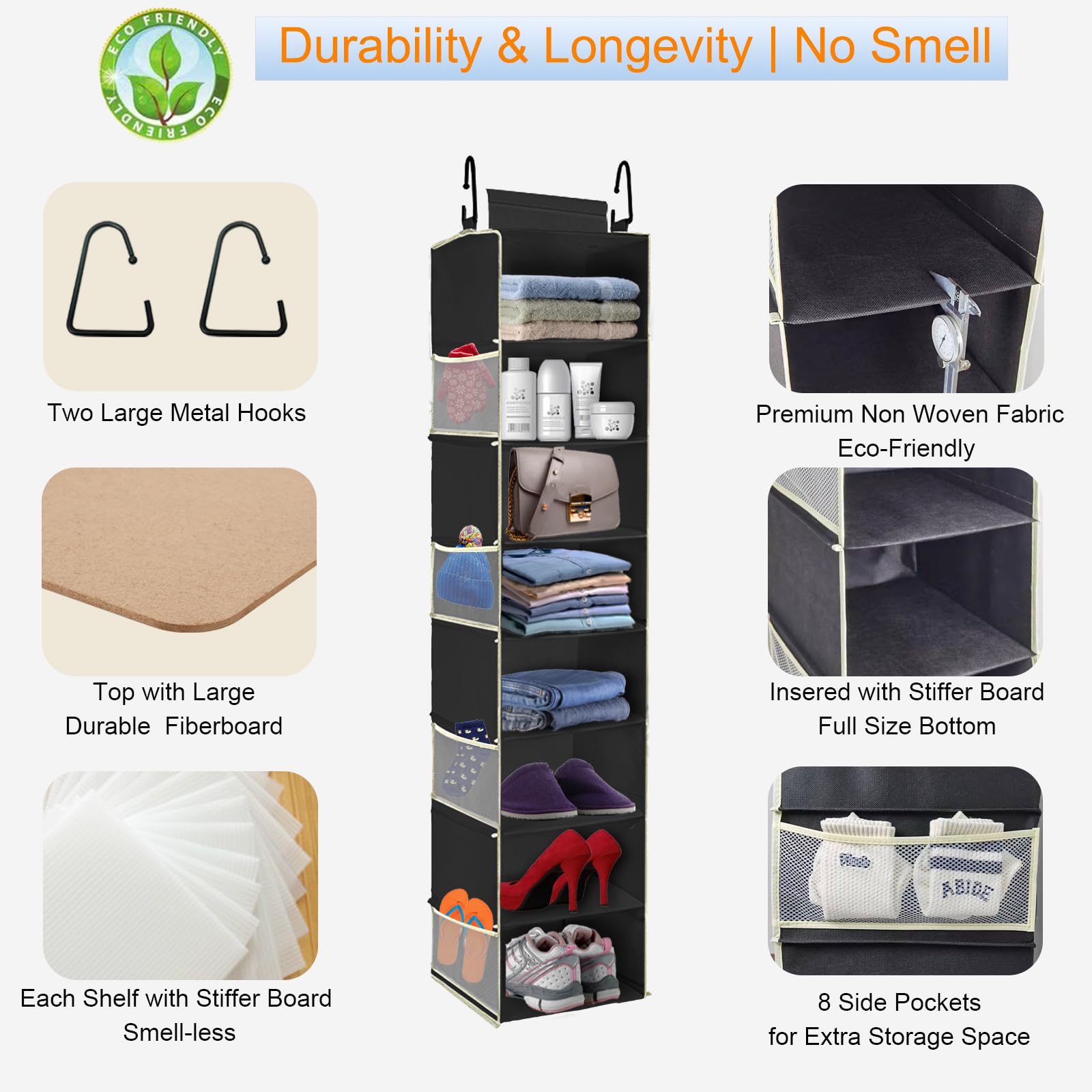 Large-Sized Hanging Shoe Organizer 8-Shelf, Hanging Closet Organizer with 8 Side Pockets, Wider Hanging Shelves for Storage Shoes Clothes 9" W × 11.8" D× 48" H, Beige.