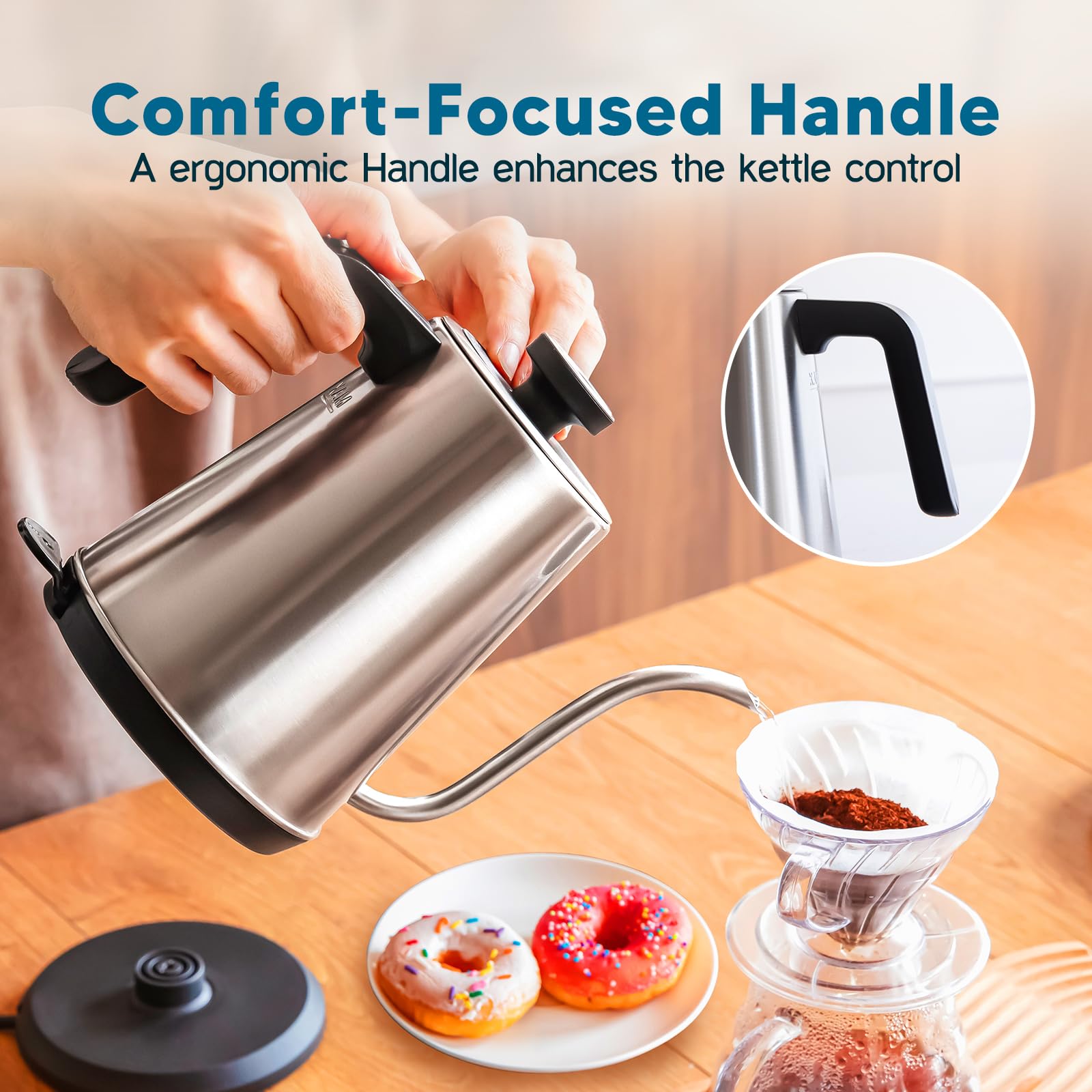 Nueve&Five Gooseneck Electric Kettle with Thermometer， Black Electric Kettle 1L with Auto Shut-Off，1000W Hot Water Kettle of Stainless Steel， Pour Over Kettle for Coffee & Tea
